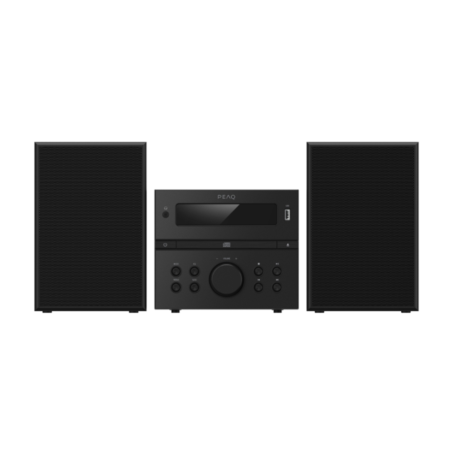 Un impianto stereo nero con due altoparlanti ai lati dell'unità principale. L'unità ha un lettore CD e controlli.