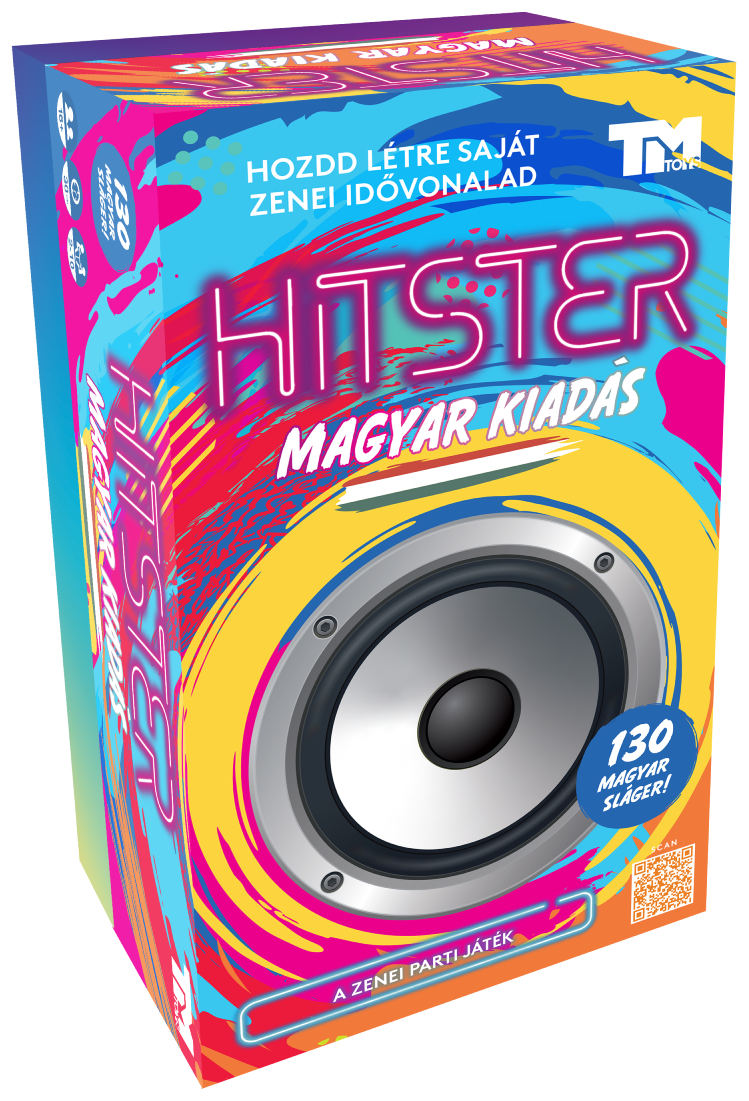 Doboz hangszóróval. A szöveg a 'HITSTER MAGYAR KIADÁS'. Színes dizájn QR-kóddal és '130 magyar sláger'.