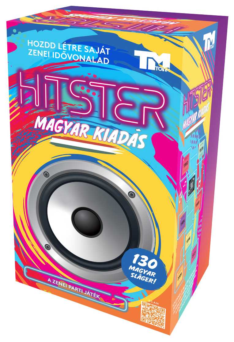 Doboz a 'Hitster' szóval neonban. 130 magyar slágerrel rendelkező partijáték. Hangszóró grafikát tartalmaz.