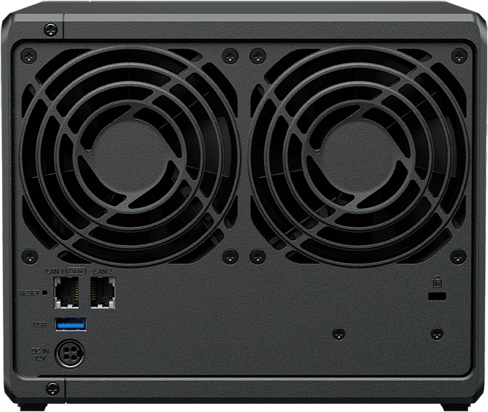 Panneau arrière noir du serveur avec deux grands ventilateurs, ports LAN, port USB et entrée d'alimentation. Des grilles de ventilation et des têtes de vis sont également visibles.