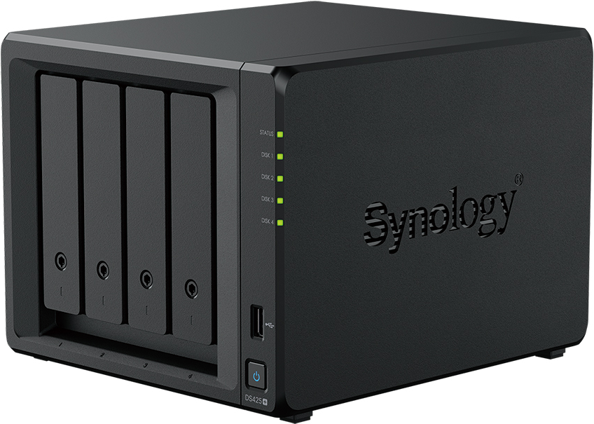 Serveur NAS Synology noir avec 5 baies, bouton d'alimentation, port USB et voyants d'état.
