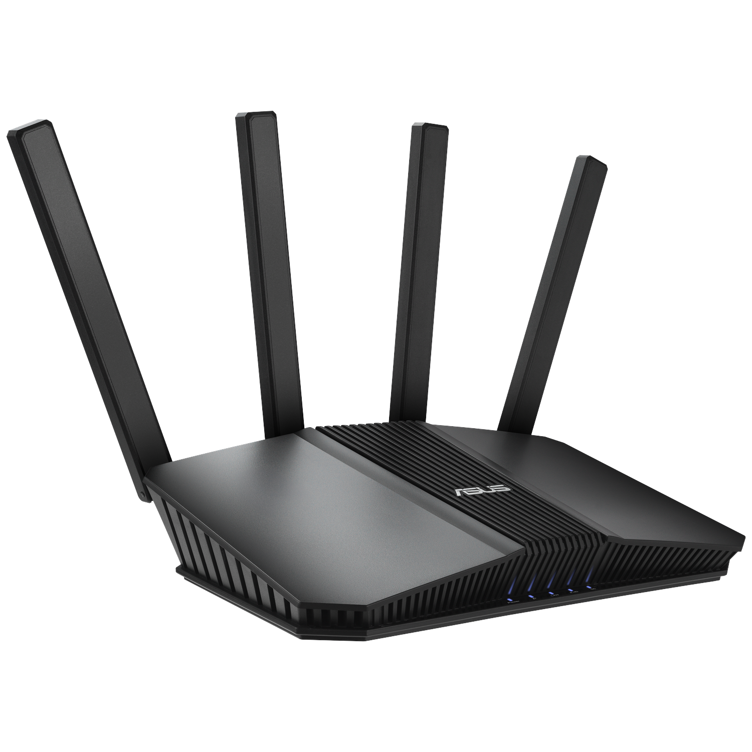 A black ASUS router with four antennas. The router has a sleek design with the ASUS logo. It is isolated on a white background.
