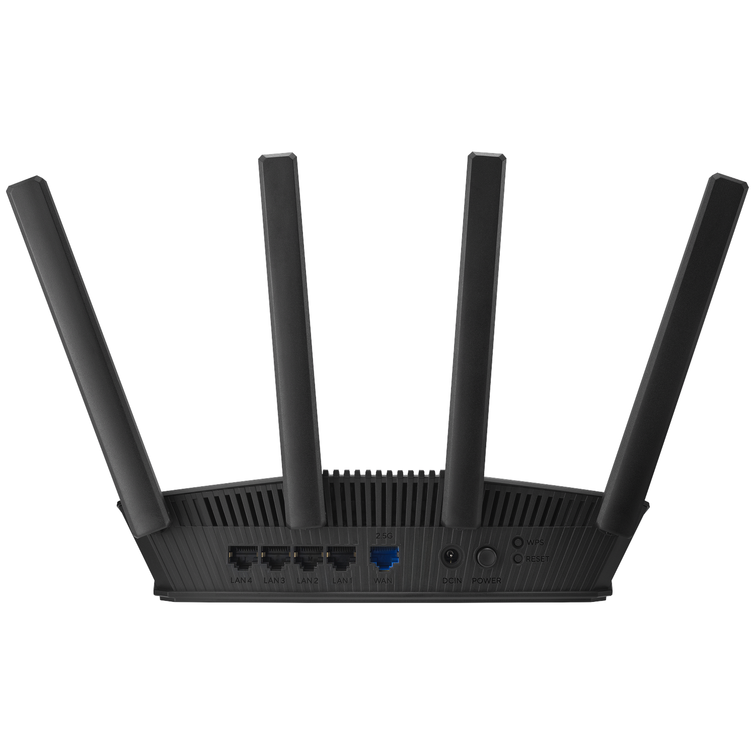 Black router with four antennas. Ports labeled LAN, WAN, power and reset. White background.