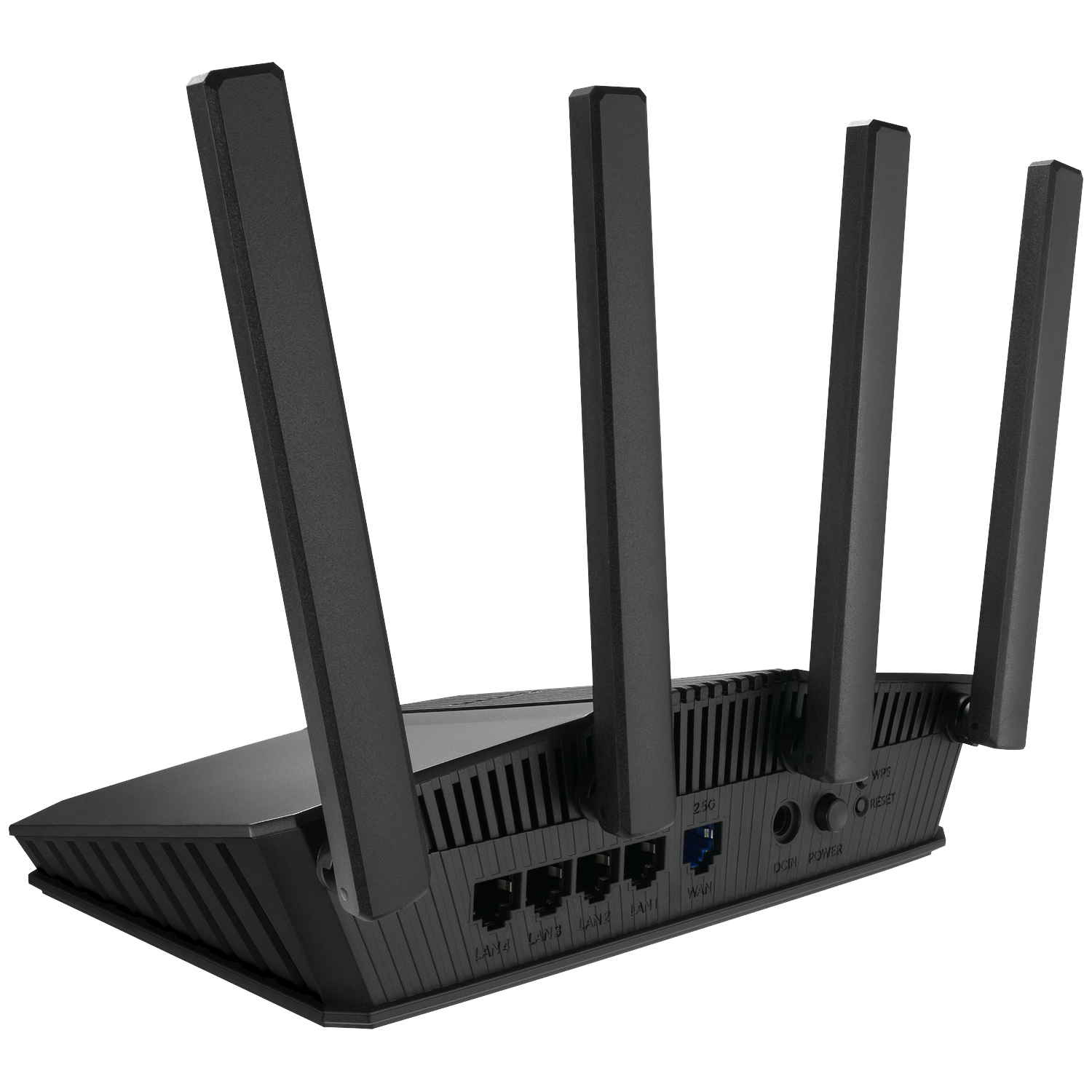 A black router with four antennas. It has ports labeled LAN, WAN, and 2.5G. Buttons for WPS and reset are visible.