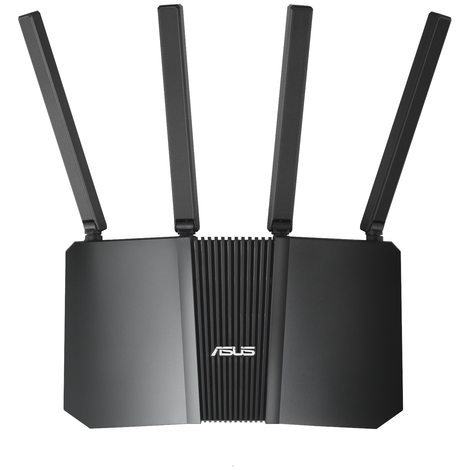 A black ASUS router with four antennas. The router has a ridged center, and the ASUS logo is visible.