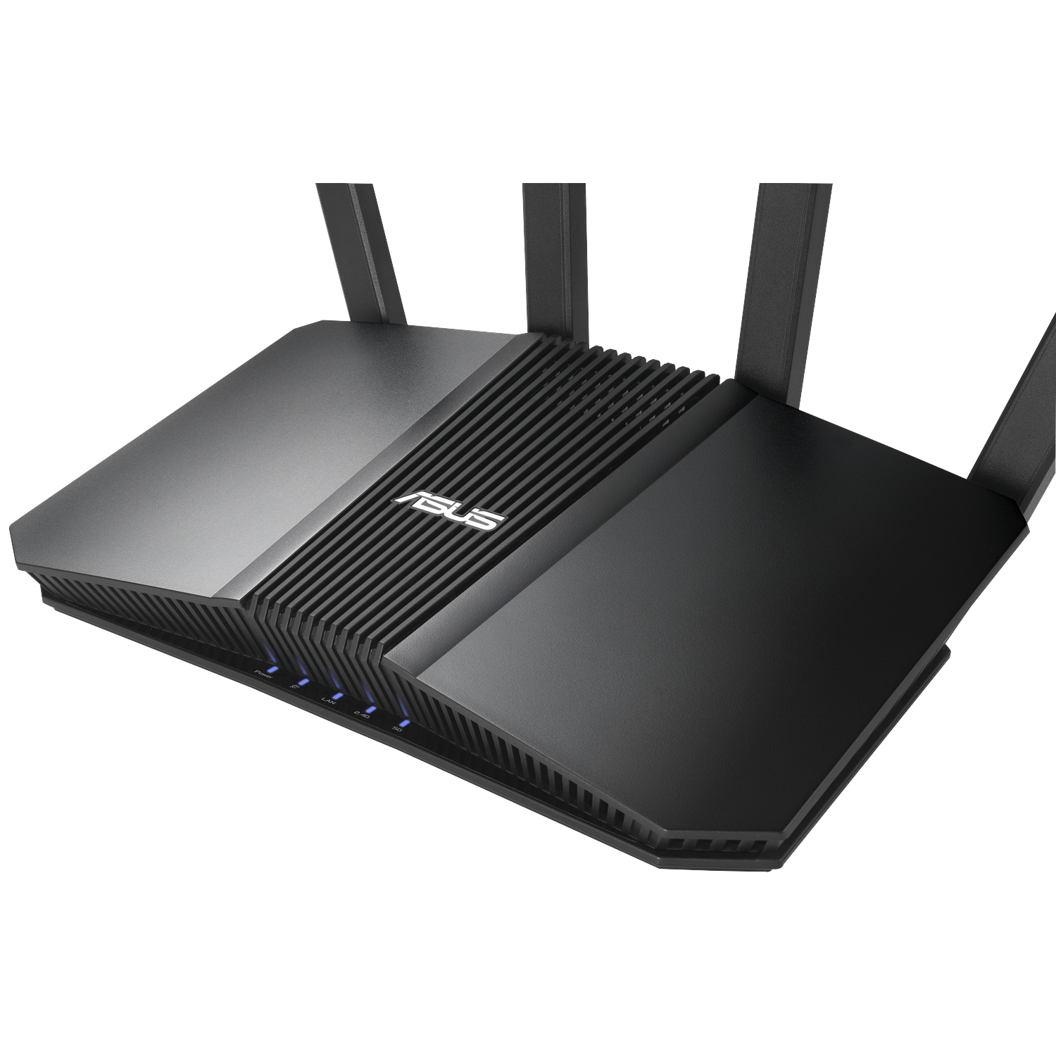 Black ASUS router with multiple antennas. The device has a ribbed top and blue indicator lights on the front.