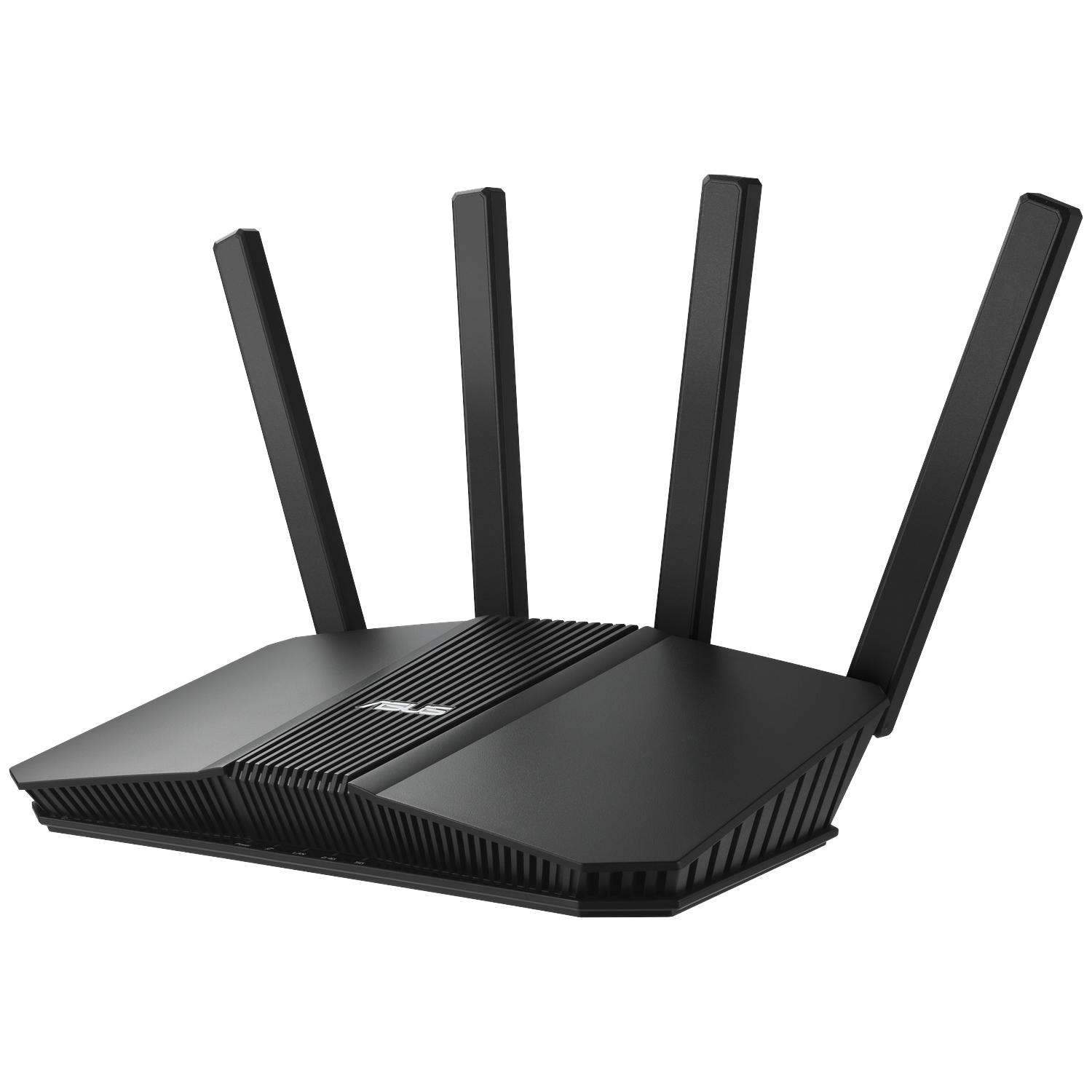 A black ASUS Wi-Fi router with four antennas. It sits on a white background. The router has a sleek, modern design.