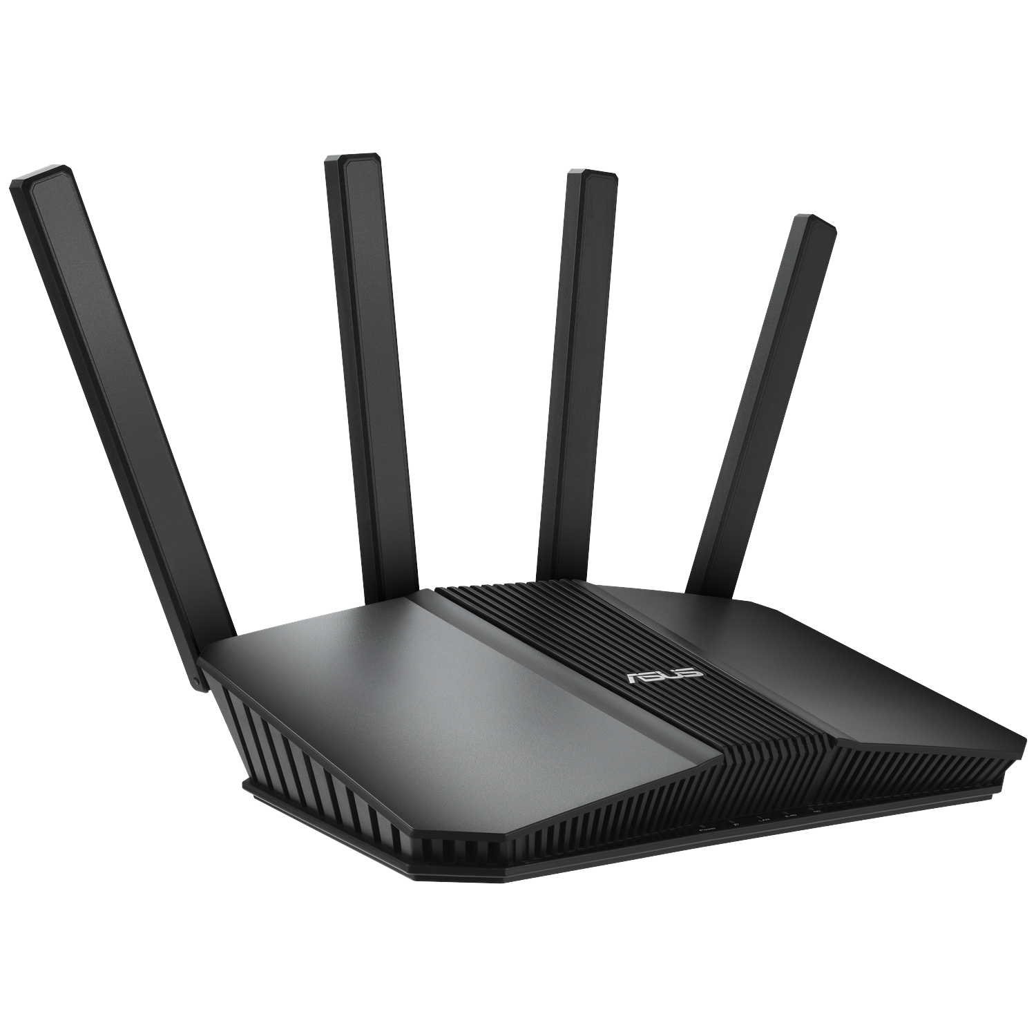 A black ASUS router with four antennas. The router is on a white background. The ASUS logo is on the top.