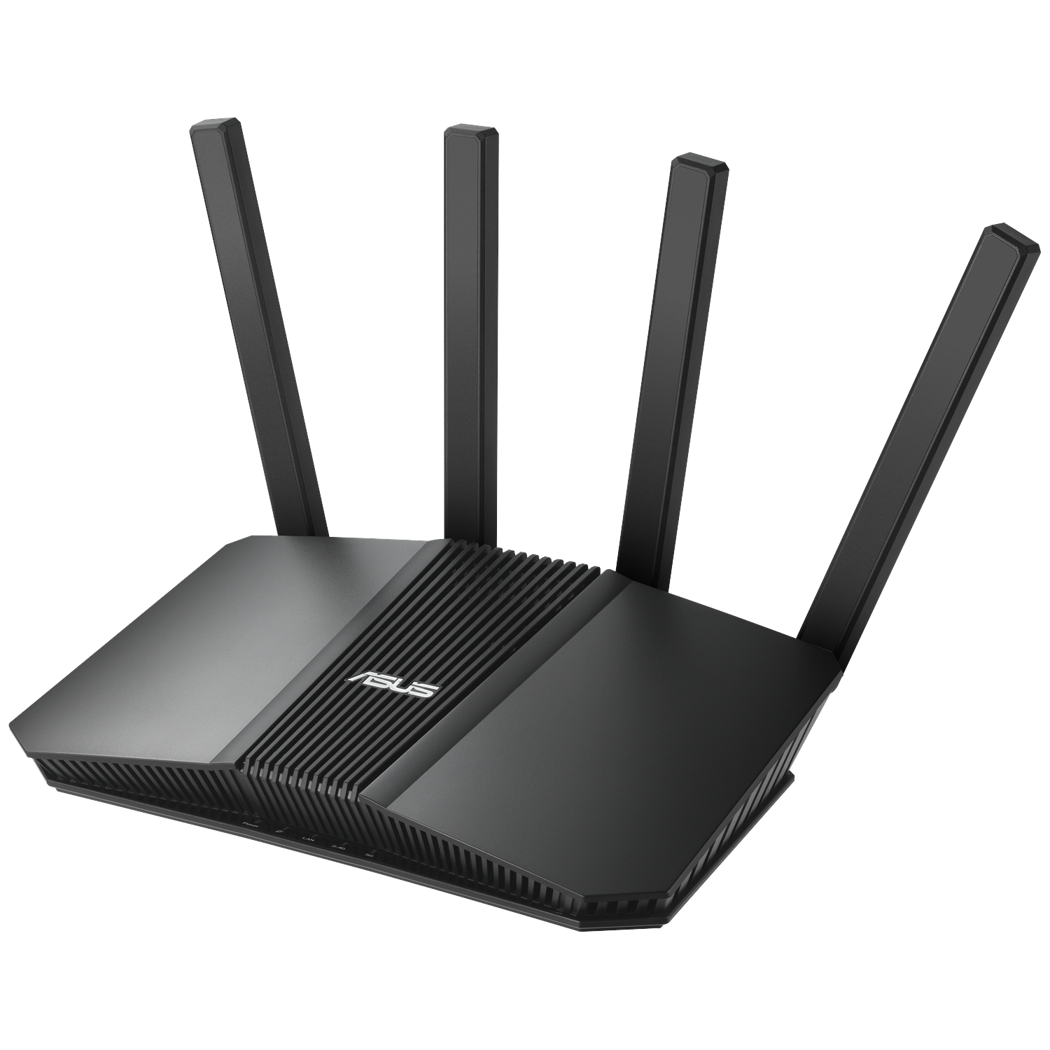 Black ASUS router with four antennas. The router is on a white background.