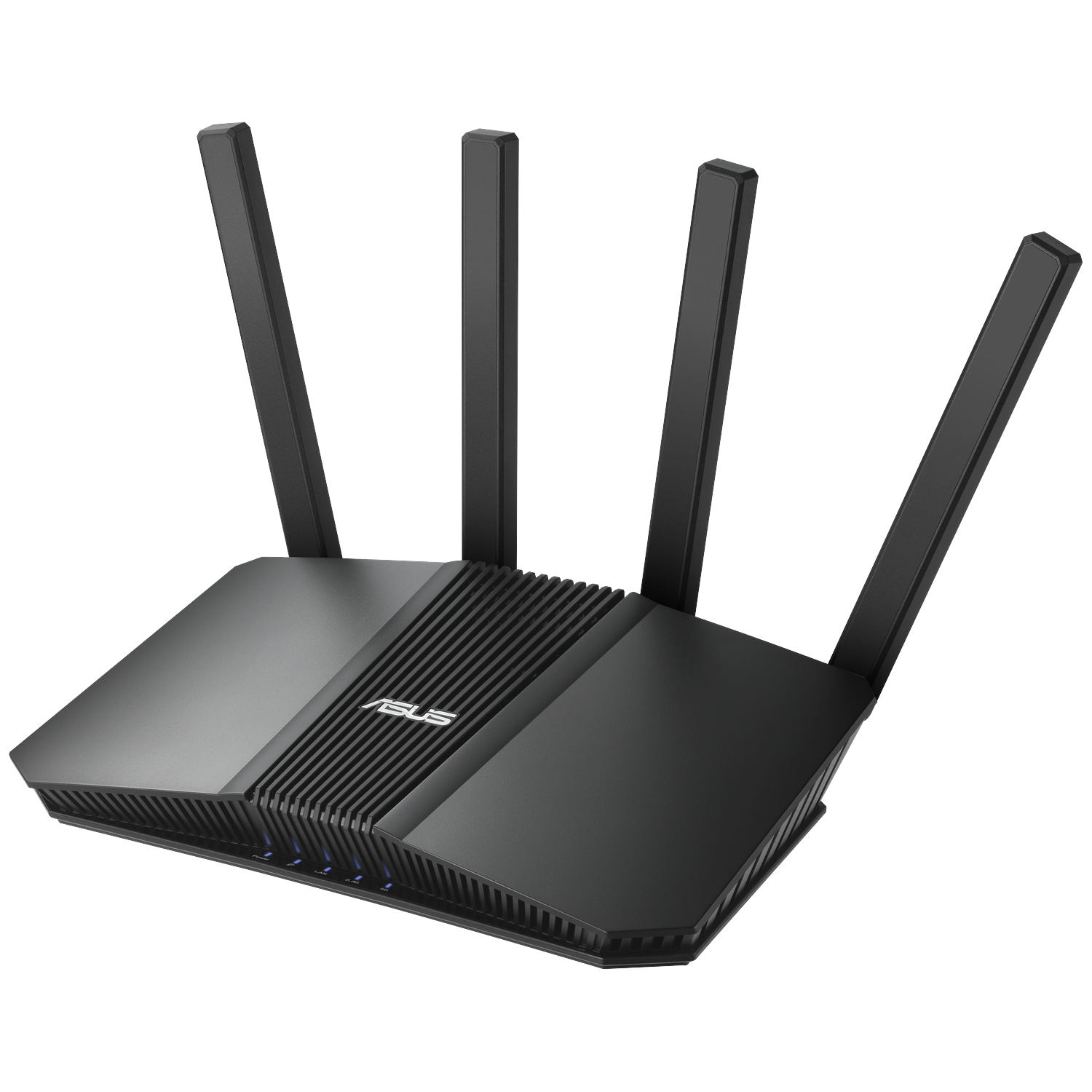 Black ASUS router with four antennas. The router is on a white background.