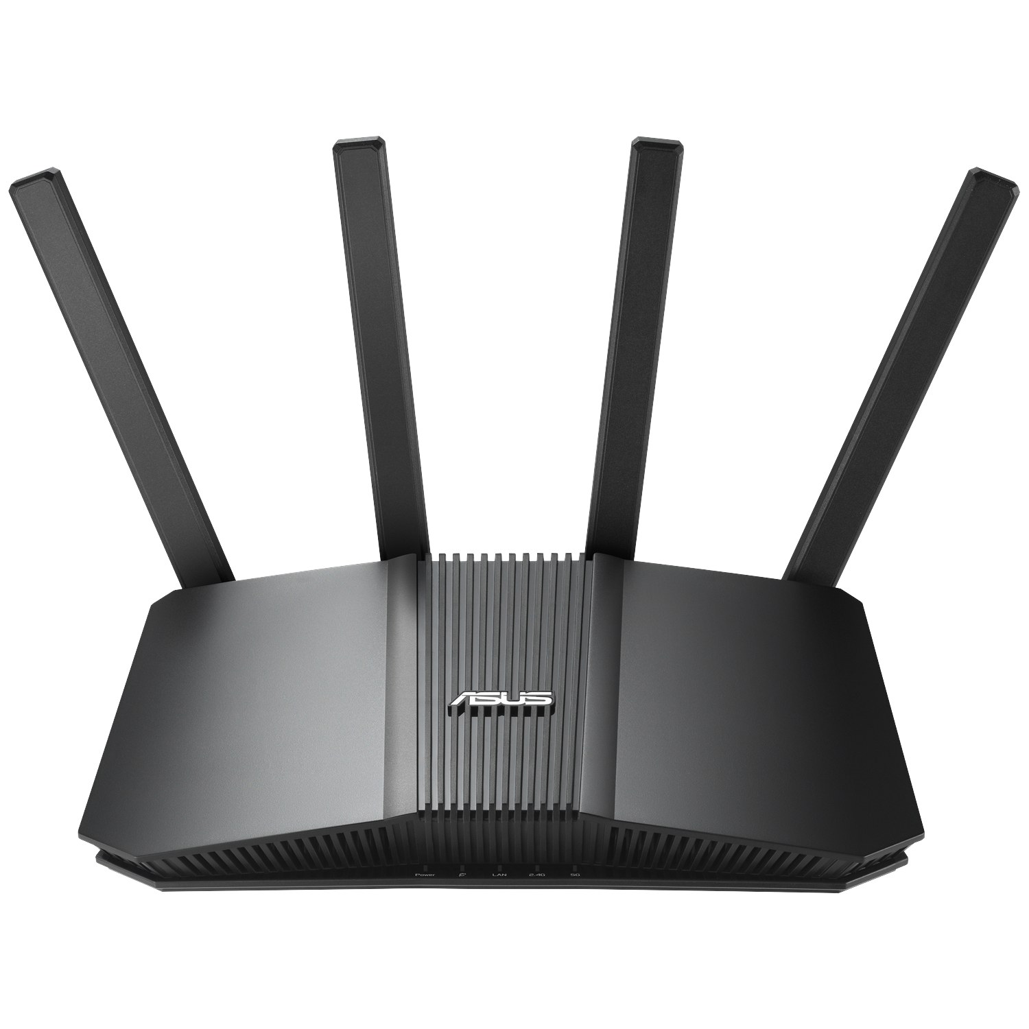 A black ASUS router with four antennas extending upwards. The router has a geometric design and sits on a white background.