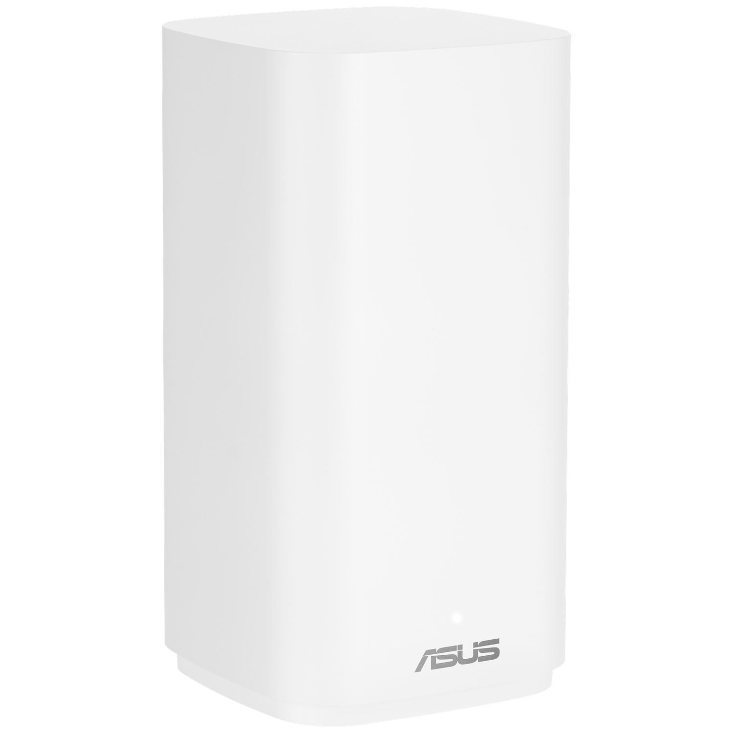 A white, cylindrical ASUS router stands on a white surface. The ASUS logo is at the bottom. The device is smooth and sleek.