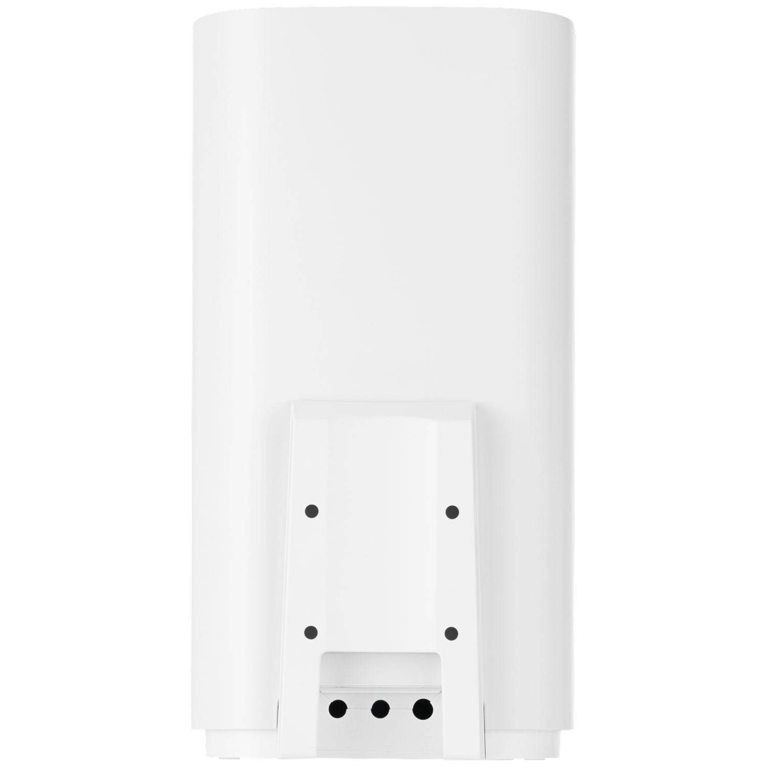 A white, cylindrical device with a flat back. It has a rectangular section with several black dots and holes.