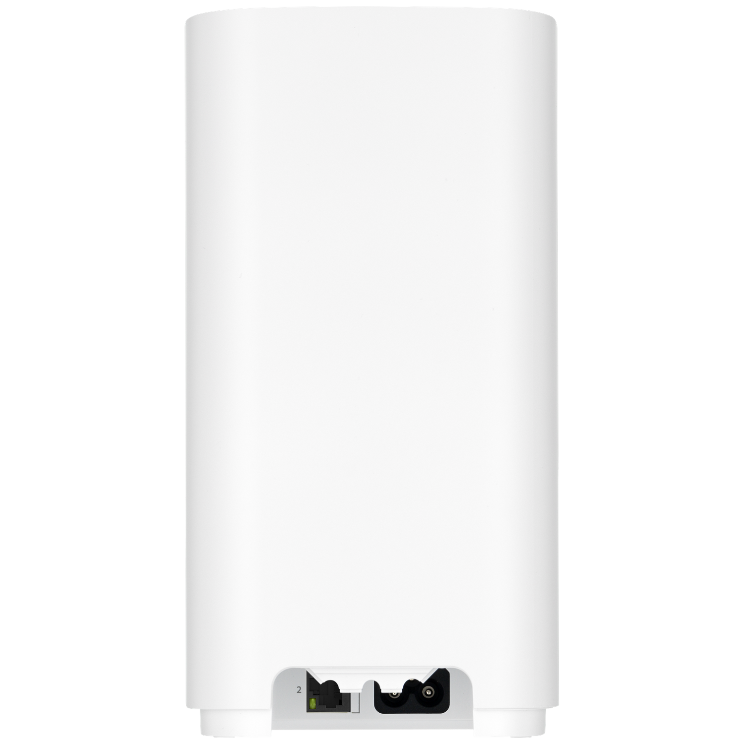 A white, cylindrical device with ports at the base. It has a power port and an ethernet port, with the number 2 visible.