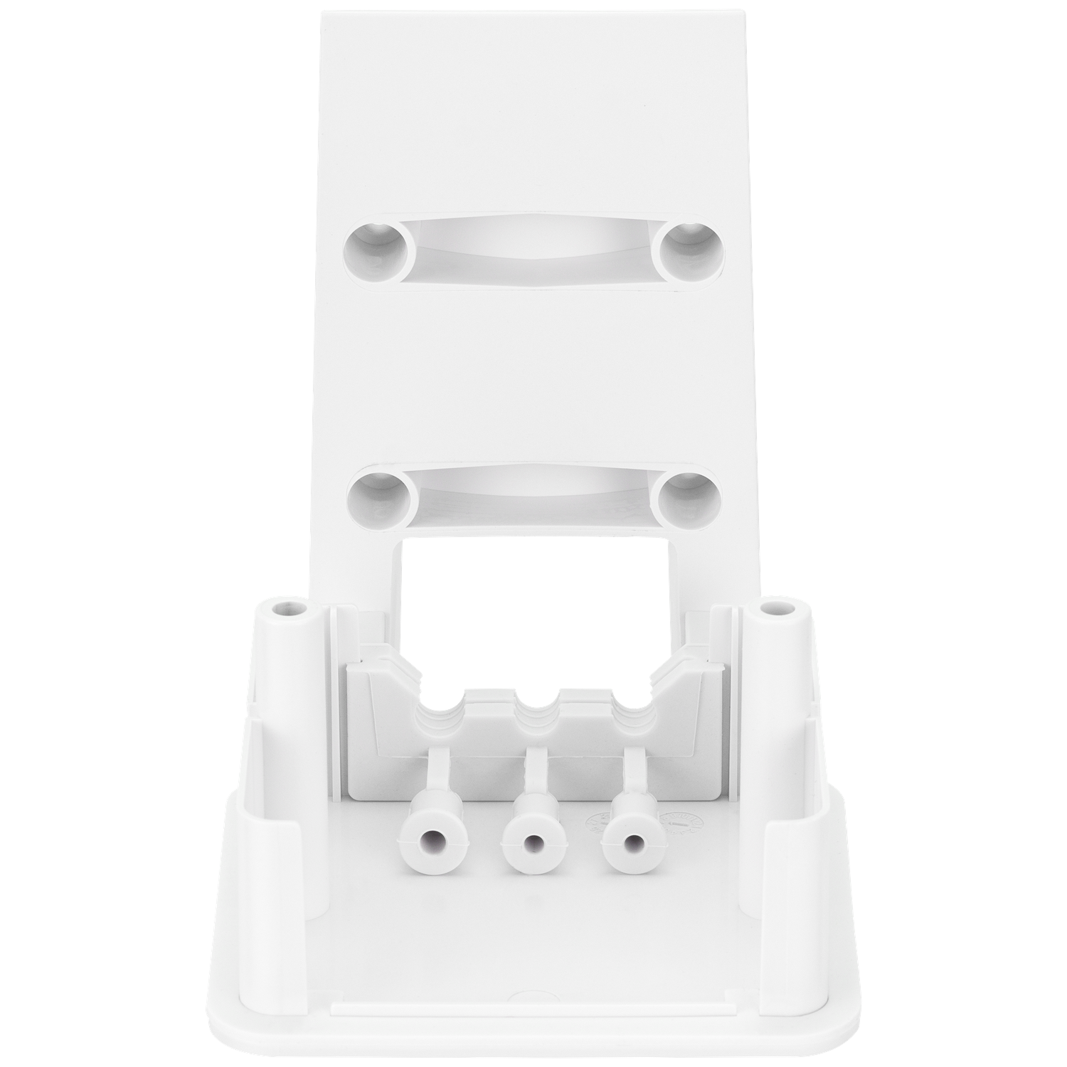 A white plastic component. It has multiple holes and a rectangular base. The design includes various cylindrical and rectangular shapes.