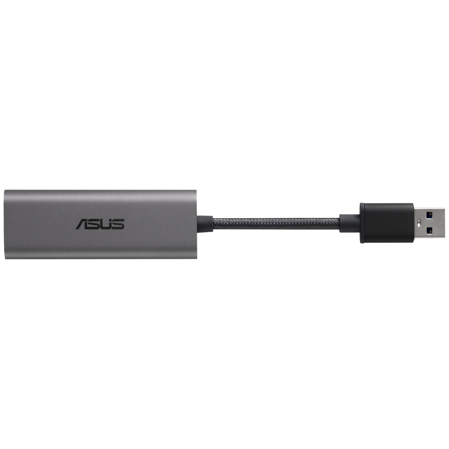 An ASUS gray adapter with the logo, connected to a black cable and a USB port. White background.