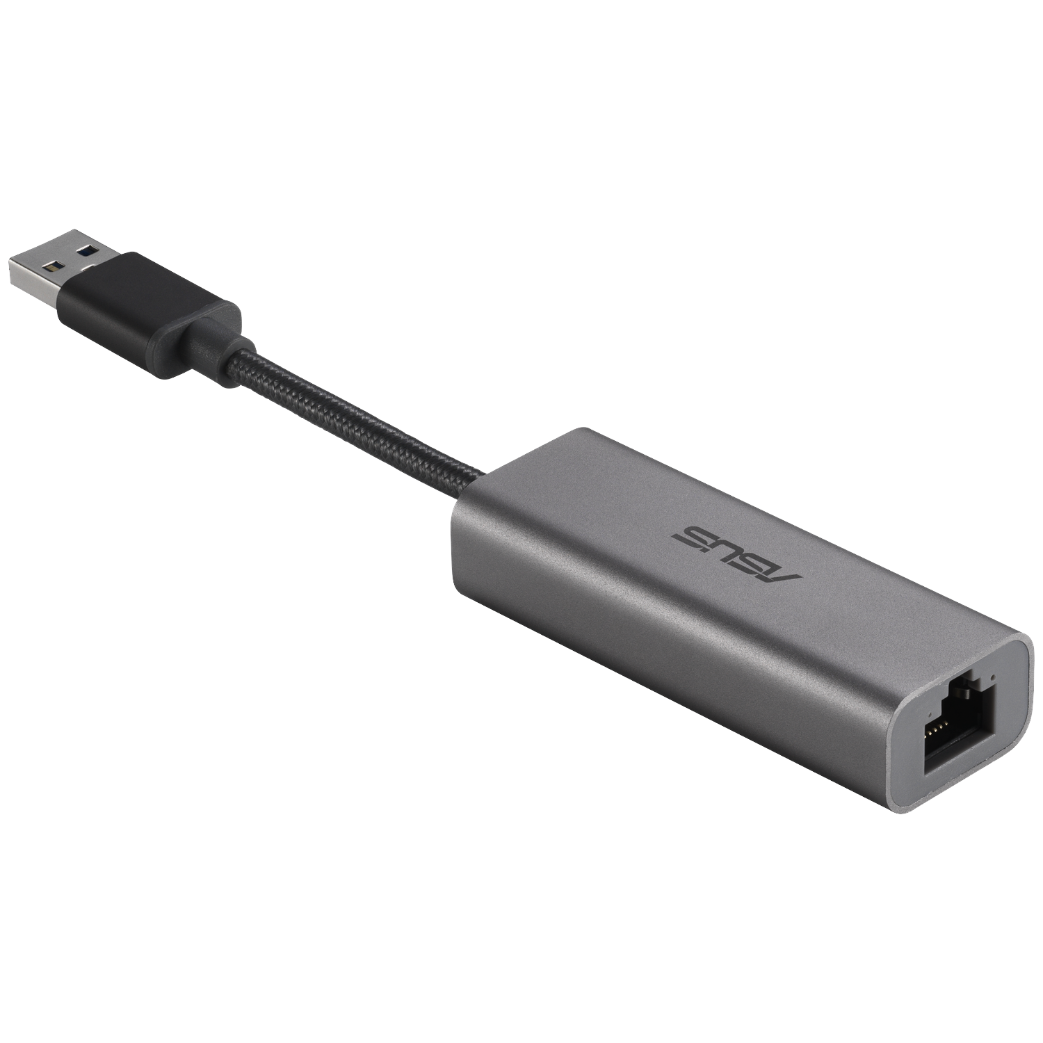 A gray ASUS USB to Ethernet adapter. It has a USB connector, a braided cable, and an RJ45 port. The ASUS logo is visible.