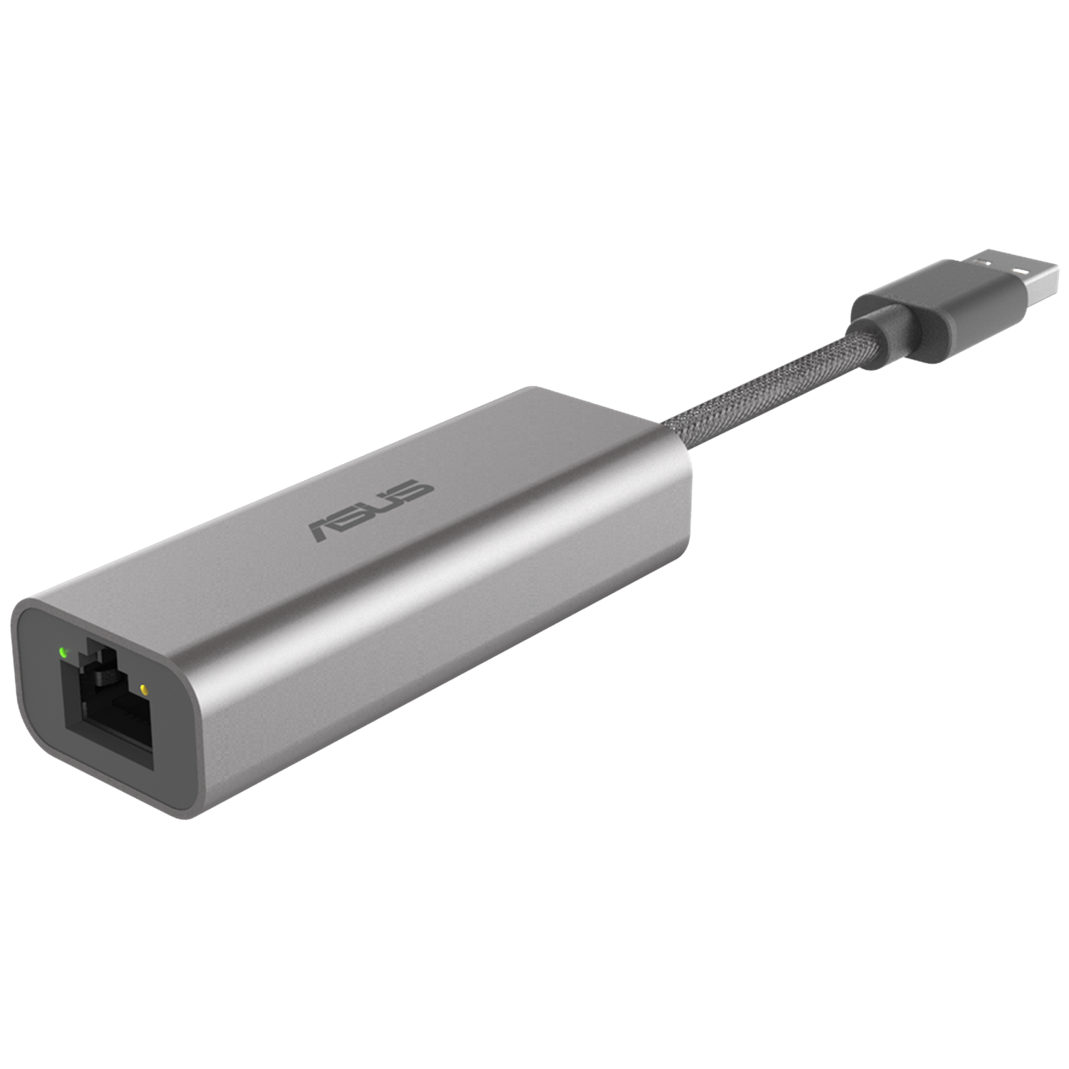 A silver ASUS USB Ethernet adapter. It has a USB connector, a braided cable, and an Ethernet port with lights.