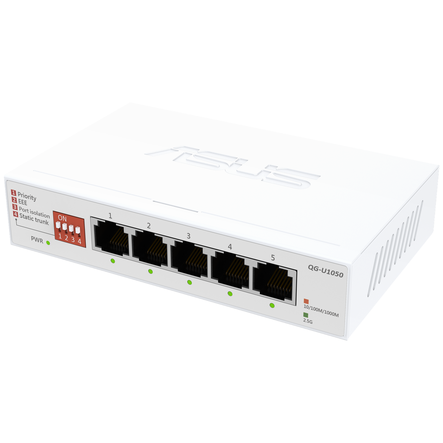 White ASUS QG-U1050 network switch with 5 ports, indicator lights, and settings for priority, EEE, port isolation, and static trunk.