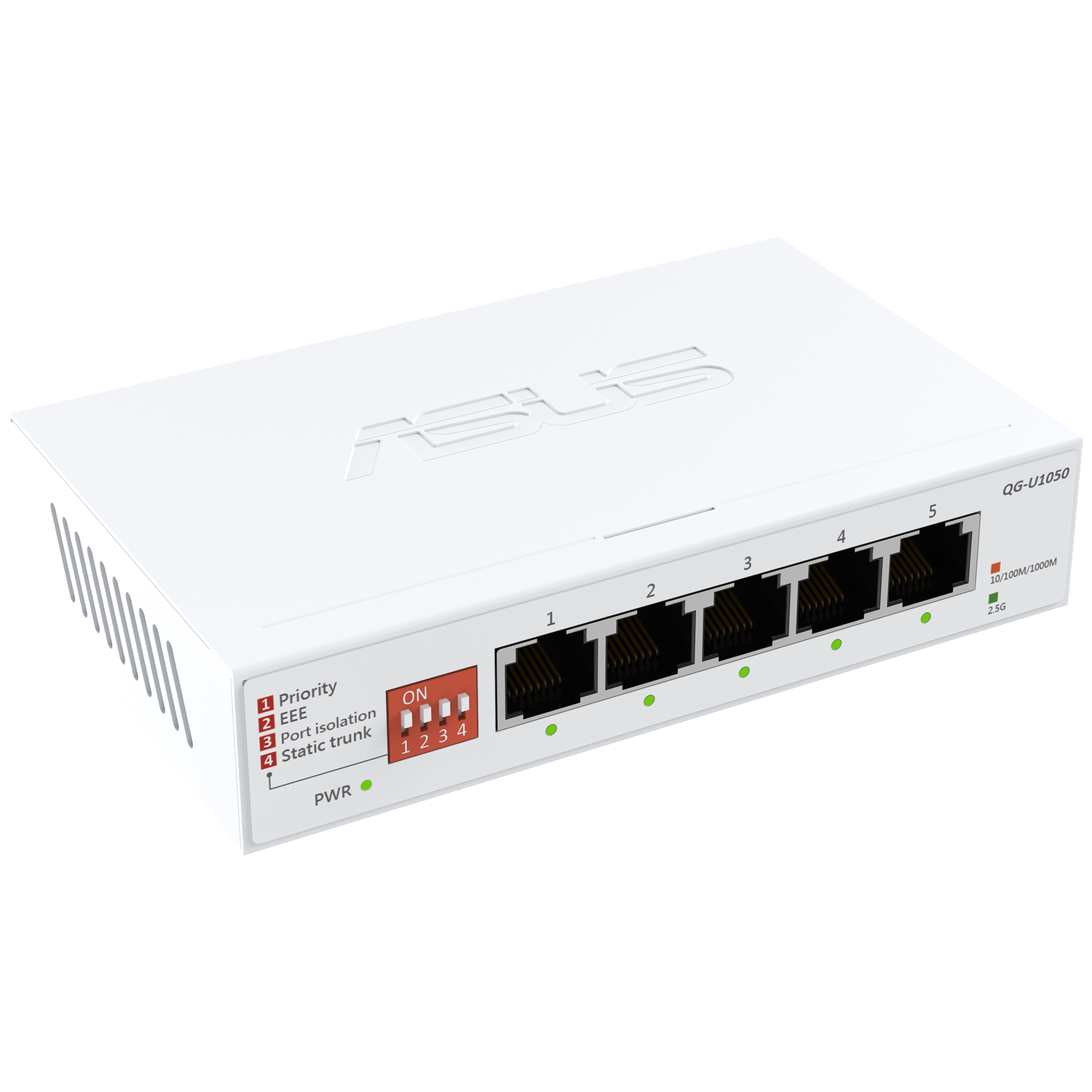 White ASUS network switch with five ports. Includes indicators and settings for priority, EEE, port isolation, and static trunk.