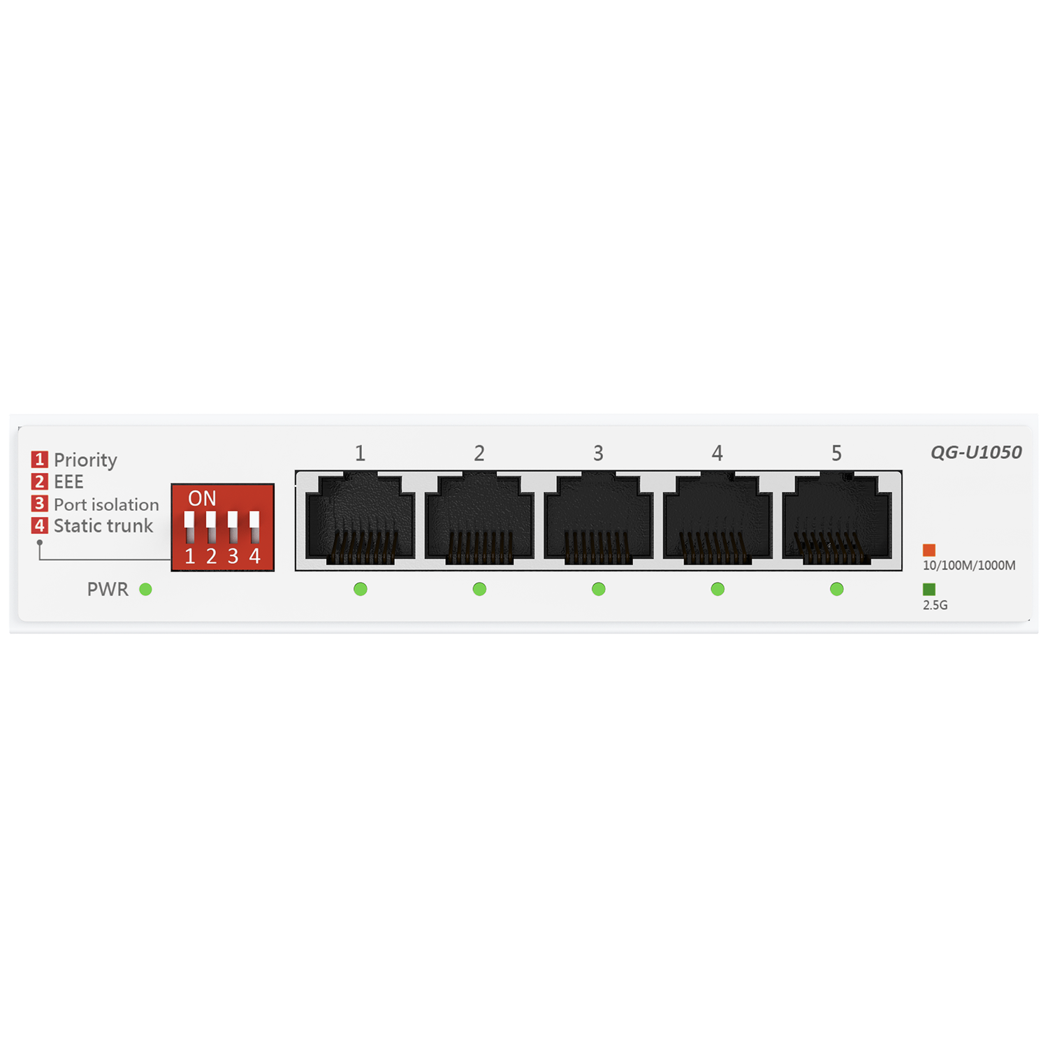 A white network switch with five ports, on/off switch, and indicator lights. Text labels include 'Priority', 'EEE', and 'Port isolation'.