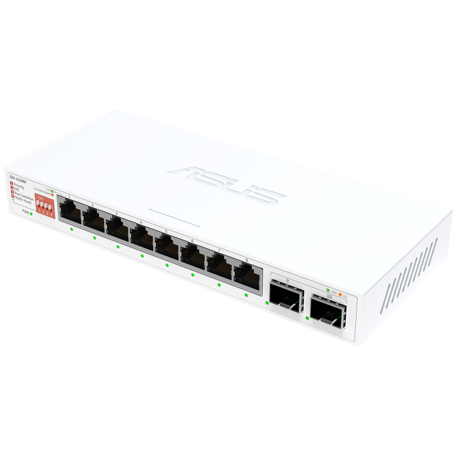 A white ASUS network switch with ten Ethernet ports. Each port has an indicator light. There are also status lights on the front panel.