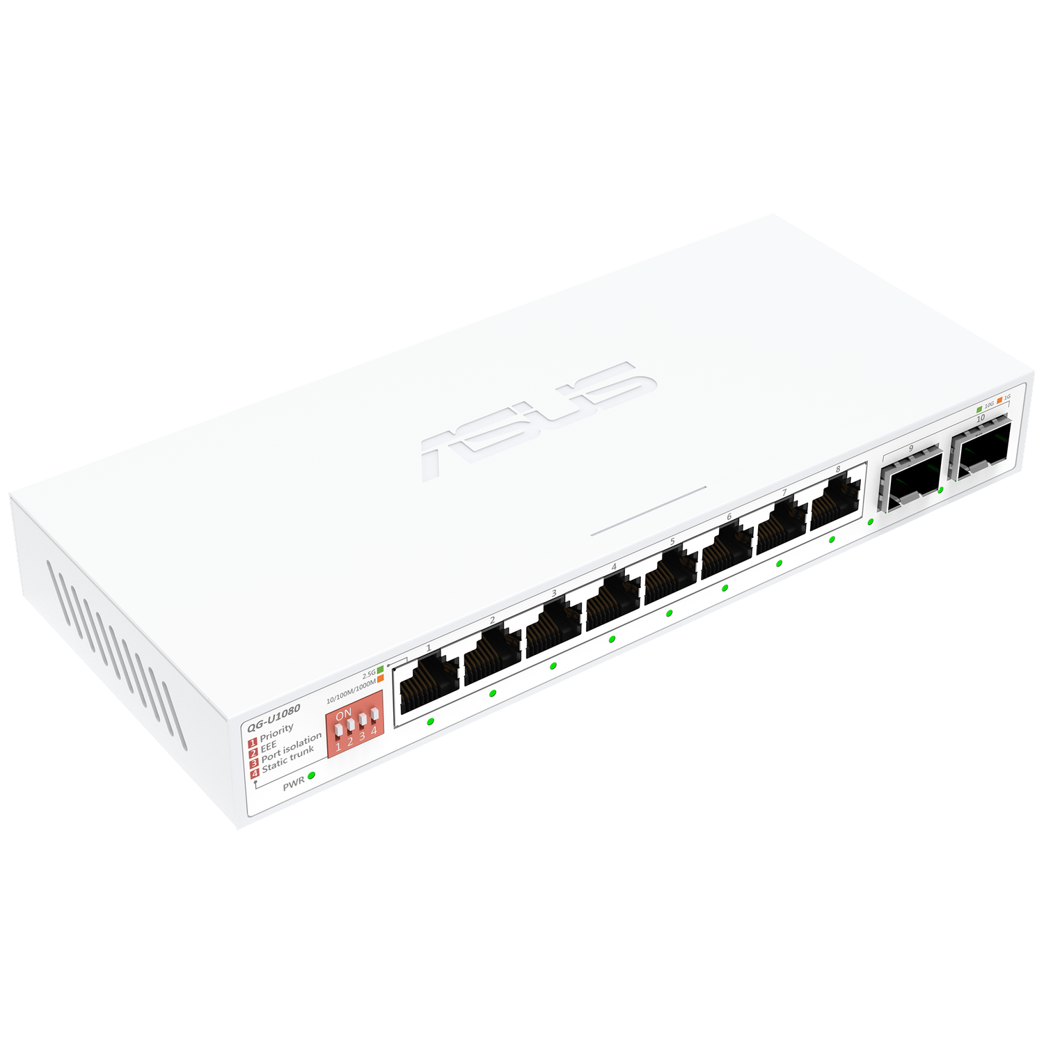 White ASUS network switch. It has multiple ethernet ports, indicator lights, and a power button. The brand logo is visible on top.