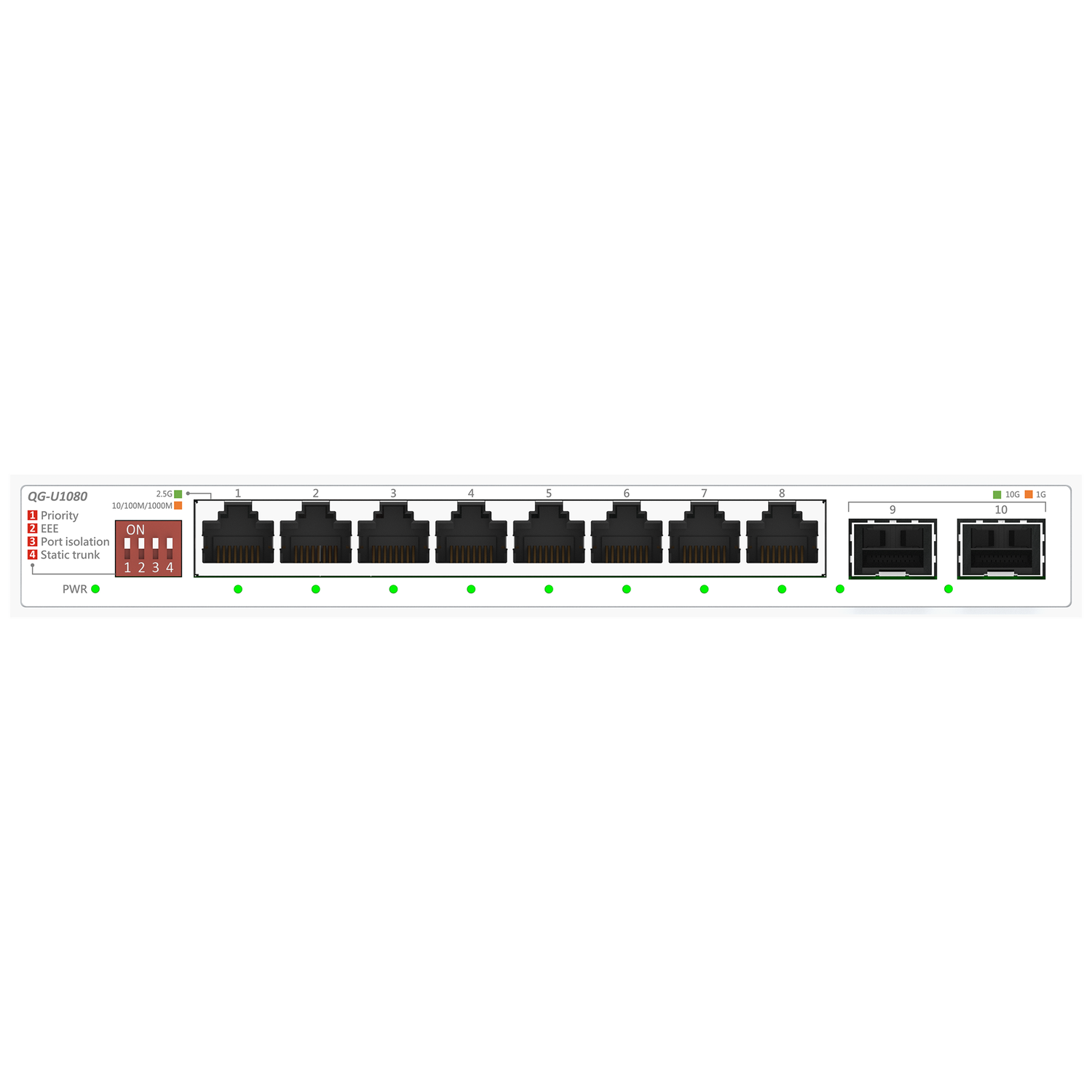 A network switch with multiple ports. Indicators show connection status. The switch has power and configuration LEDs.