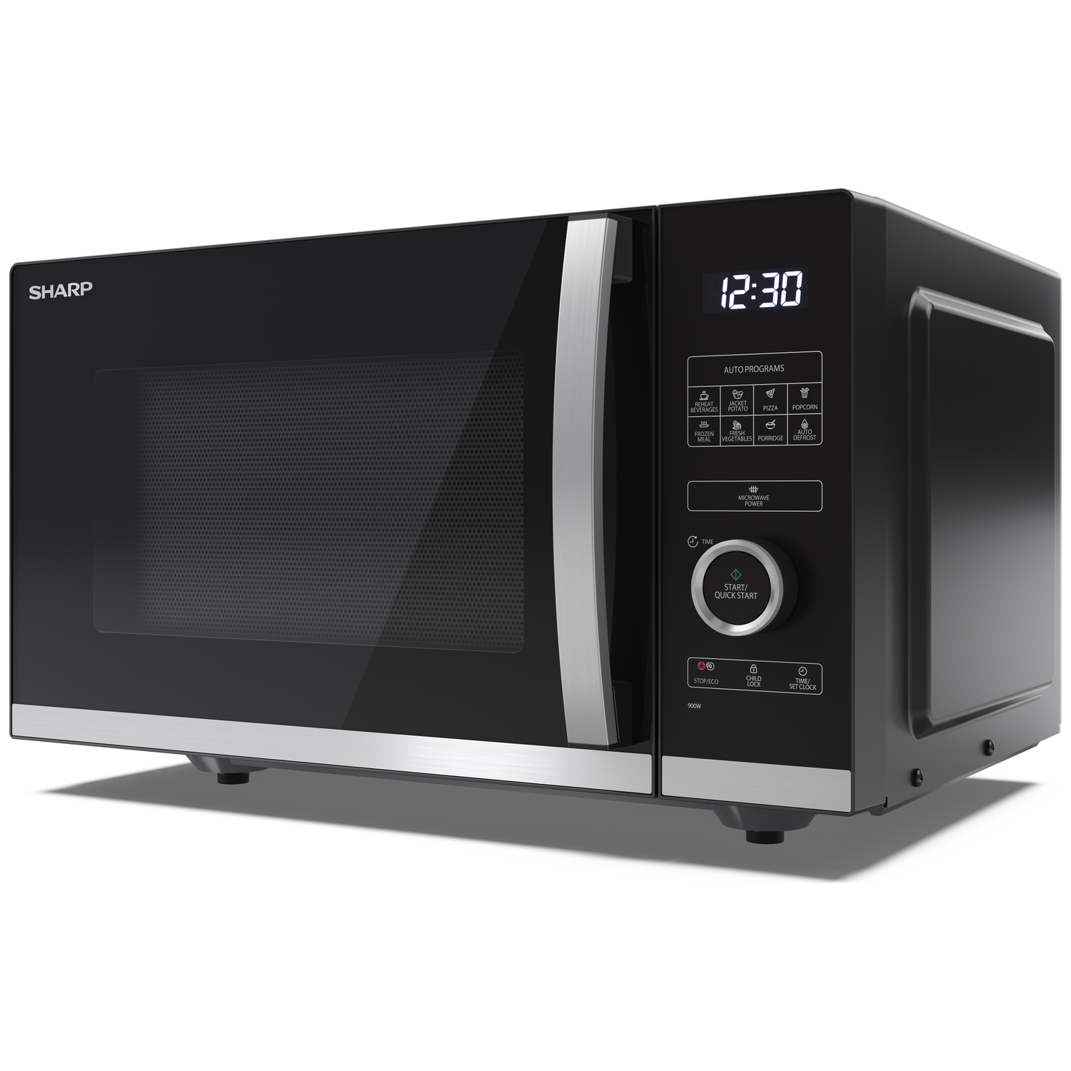 Een zwarte Sharp magnetron met een digitale klok die 12:30 aangeeft. Het heeft diverse knoppen voor automatische programma's en een startknop.