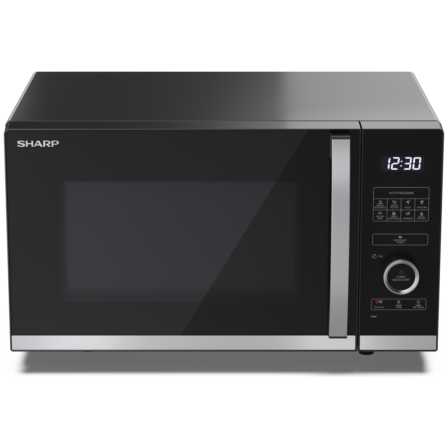 Een zwarte Sharp magnetron met een digitale klok die 12:30 aangeeft. Het heeft knoppen voor automatische programma's en een startknop.