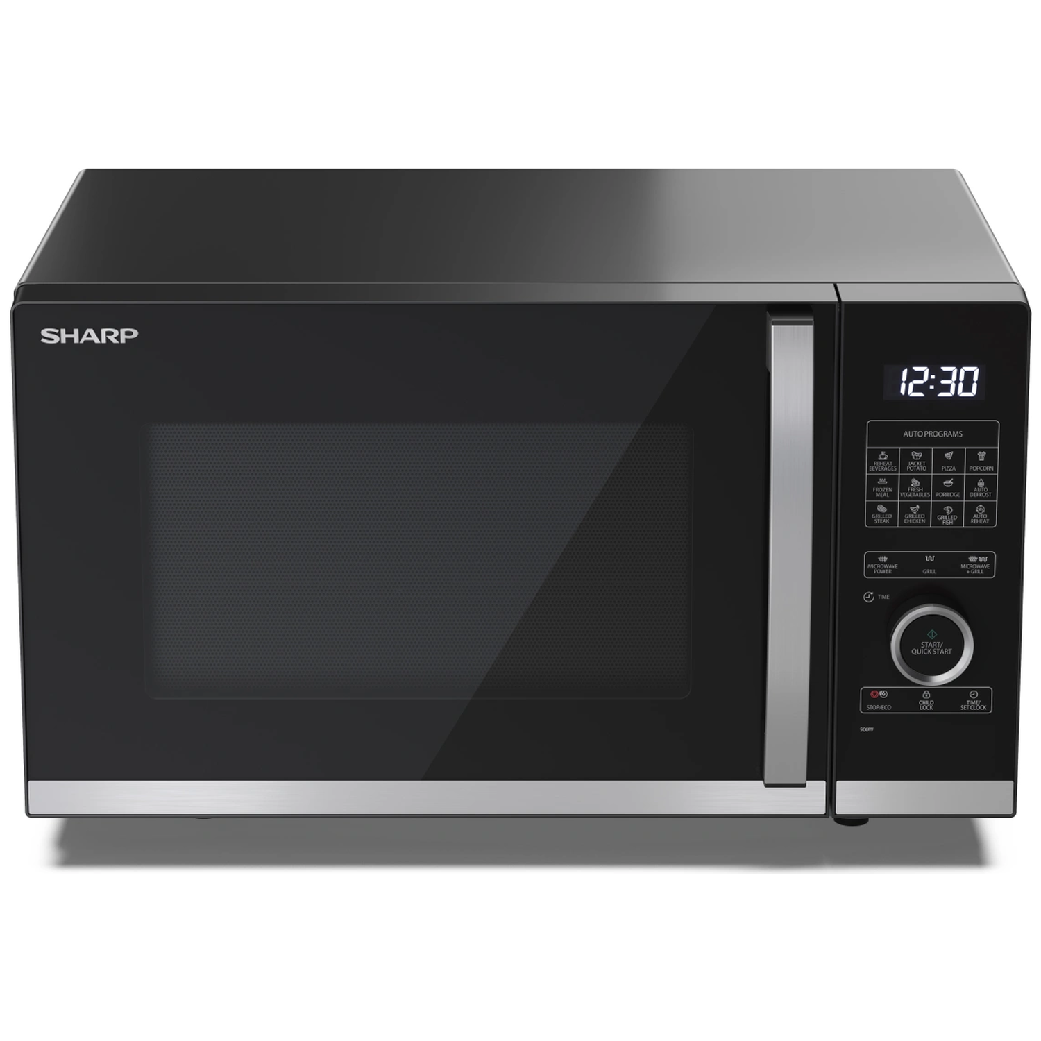 A black Sharp microwave oven with digital display showing 12:30, control panel on the right, and a mirrored door.