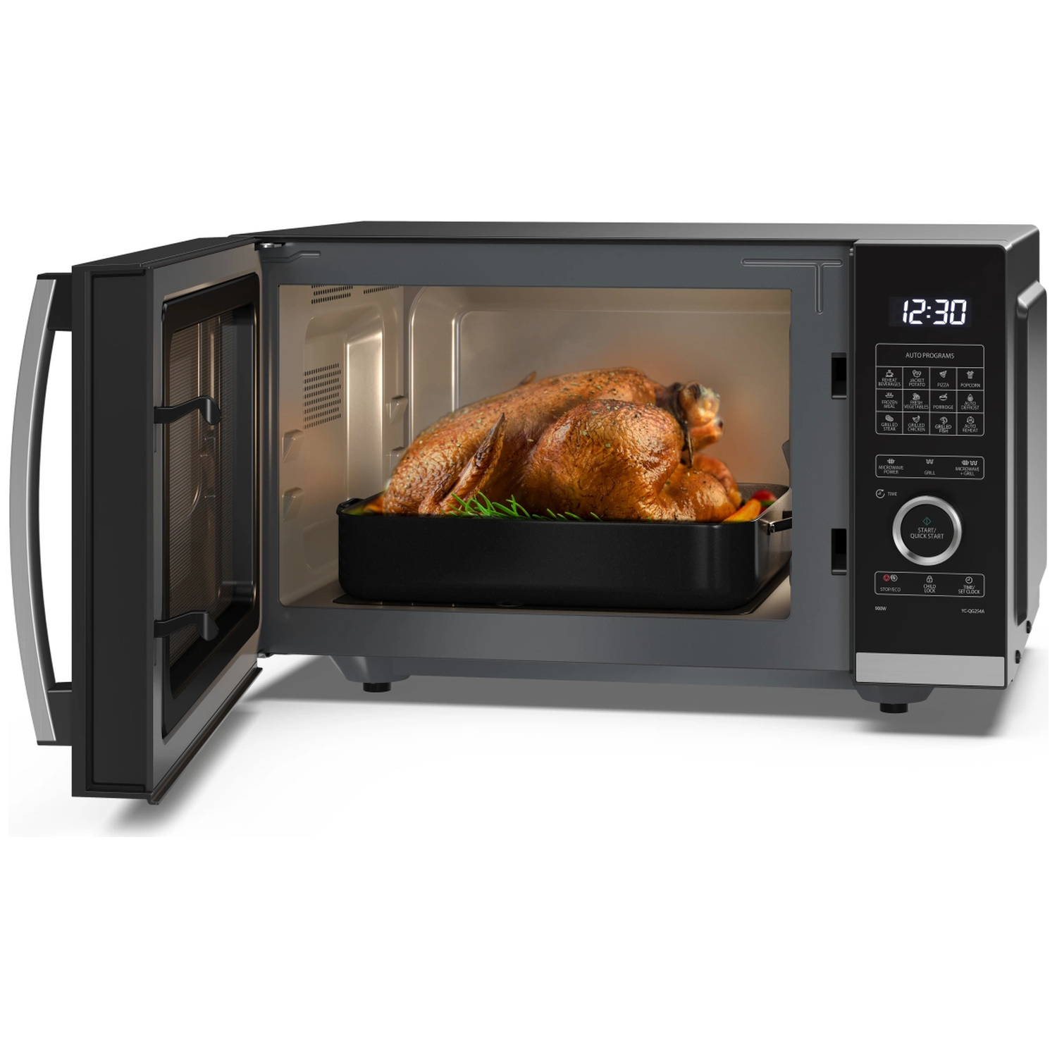 Open microwave with a roasted turkey inside. The display shows 12:30. Black microwave with control panel on the right.
