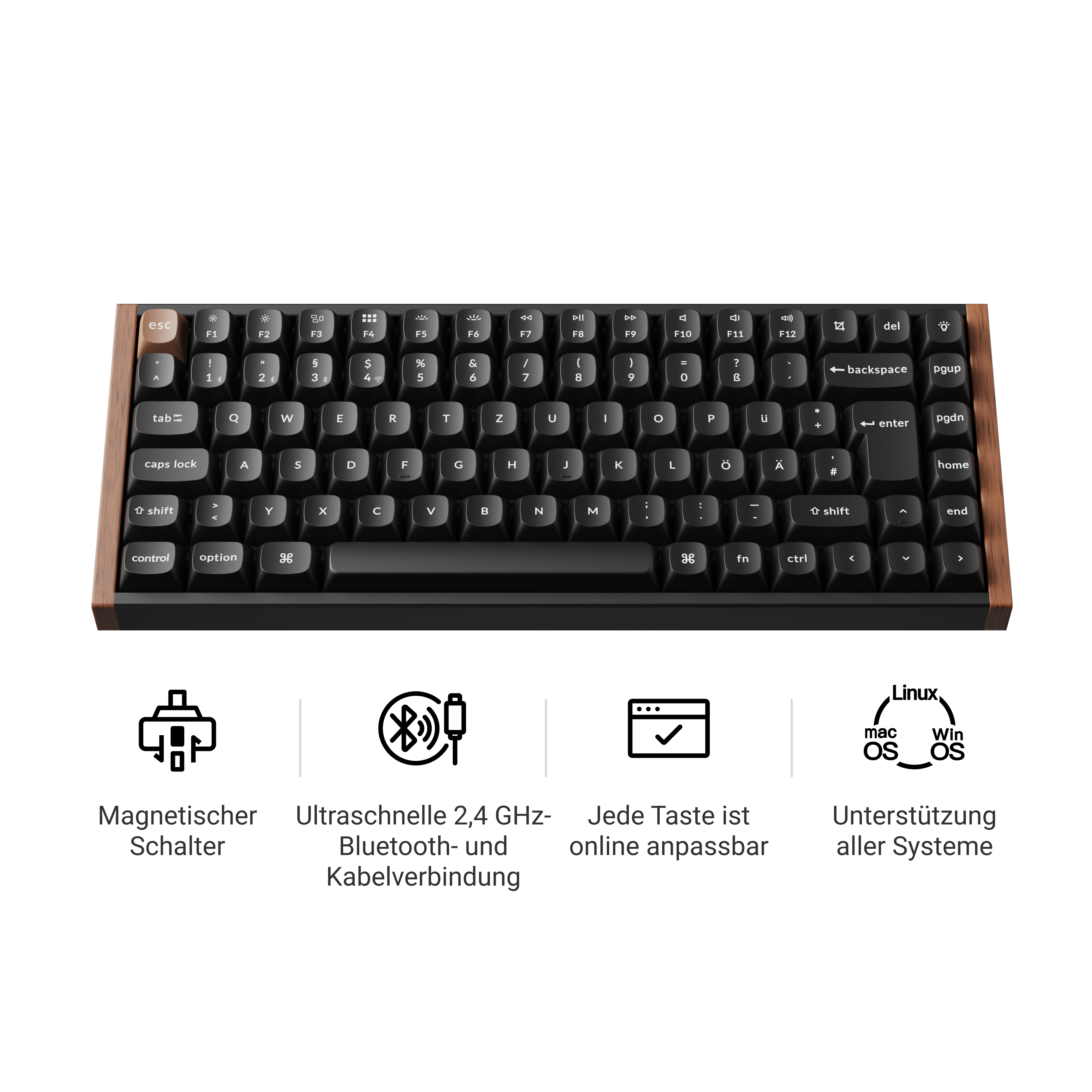 Eine schwarze Tastatur mit braunem Holzdekor. Sie hat mehrere Tasten und Symbole mit Funktionen für verschiedene Betriebssysteme.