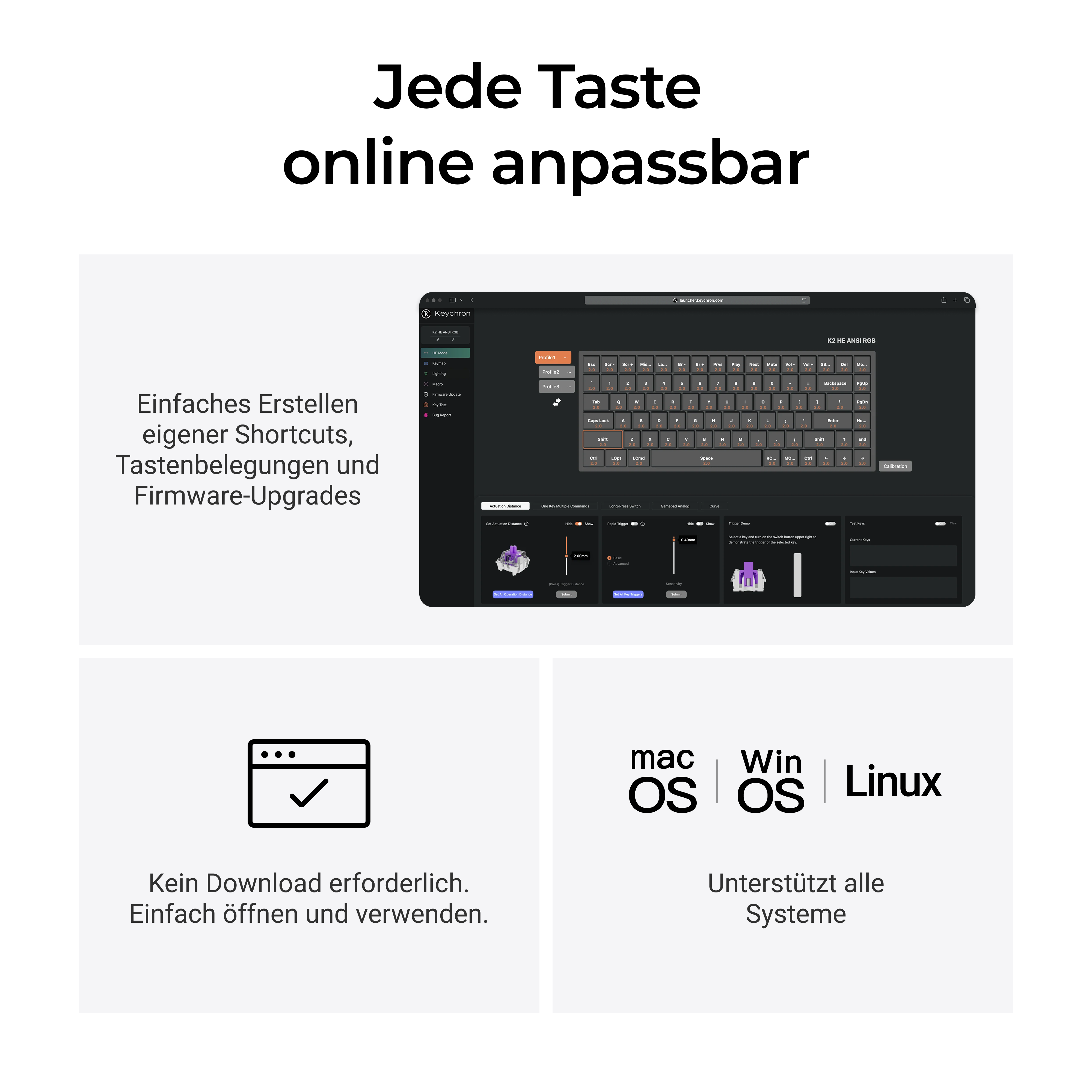 Das Bild zeigt eine Tastaturanpassungsoberfläche, Text, Symbole und unterstützte Betriebssystemlogos: Mac, Win und Linux.