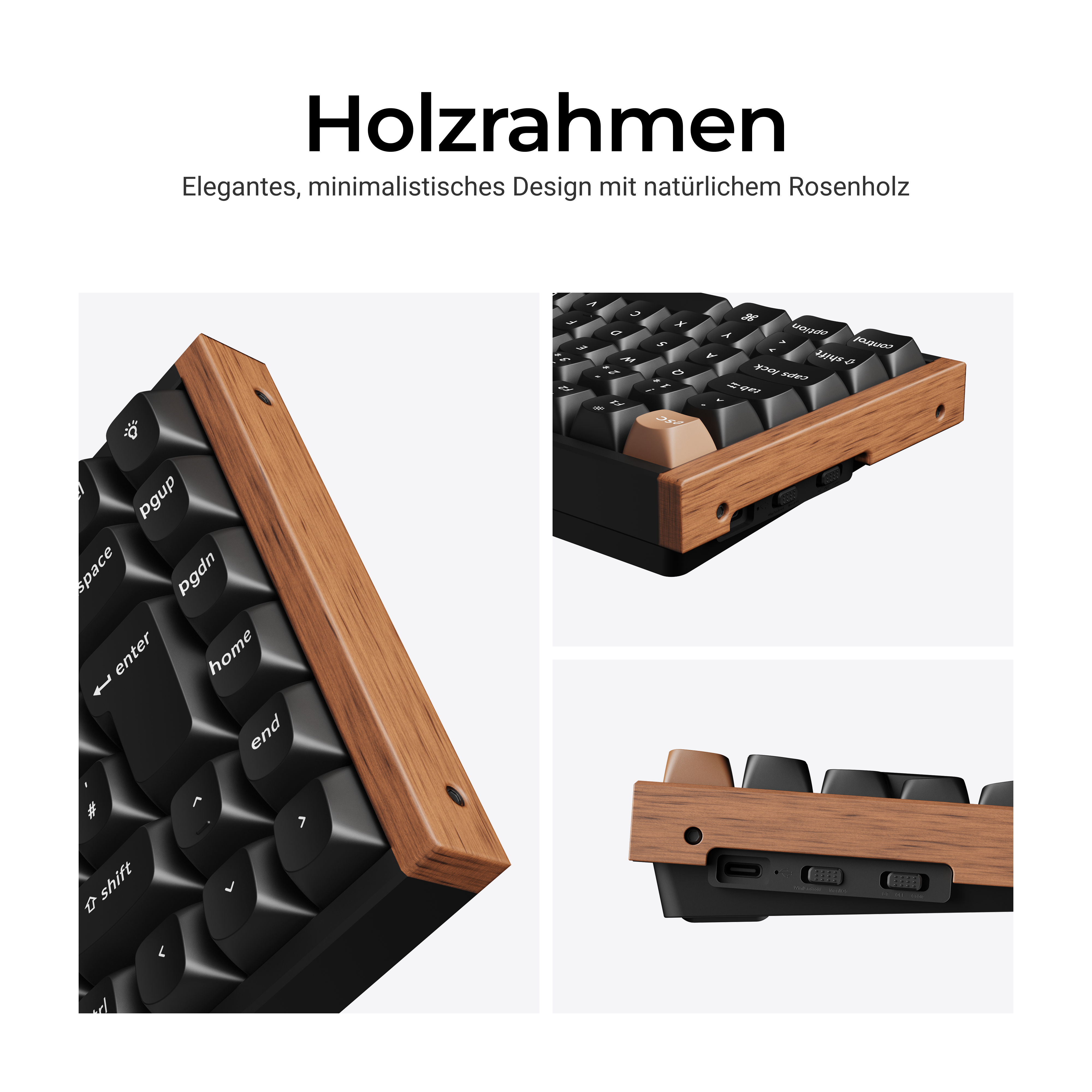 Eine Tastatur mit Holzrahmen und schwarzen Tasten wird detailliert gezeigt. Der Hintergrund ist weiß.