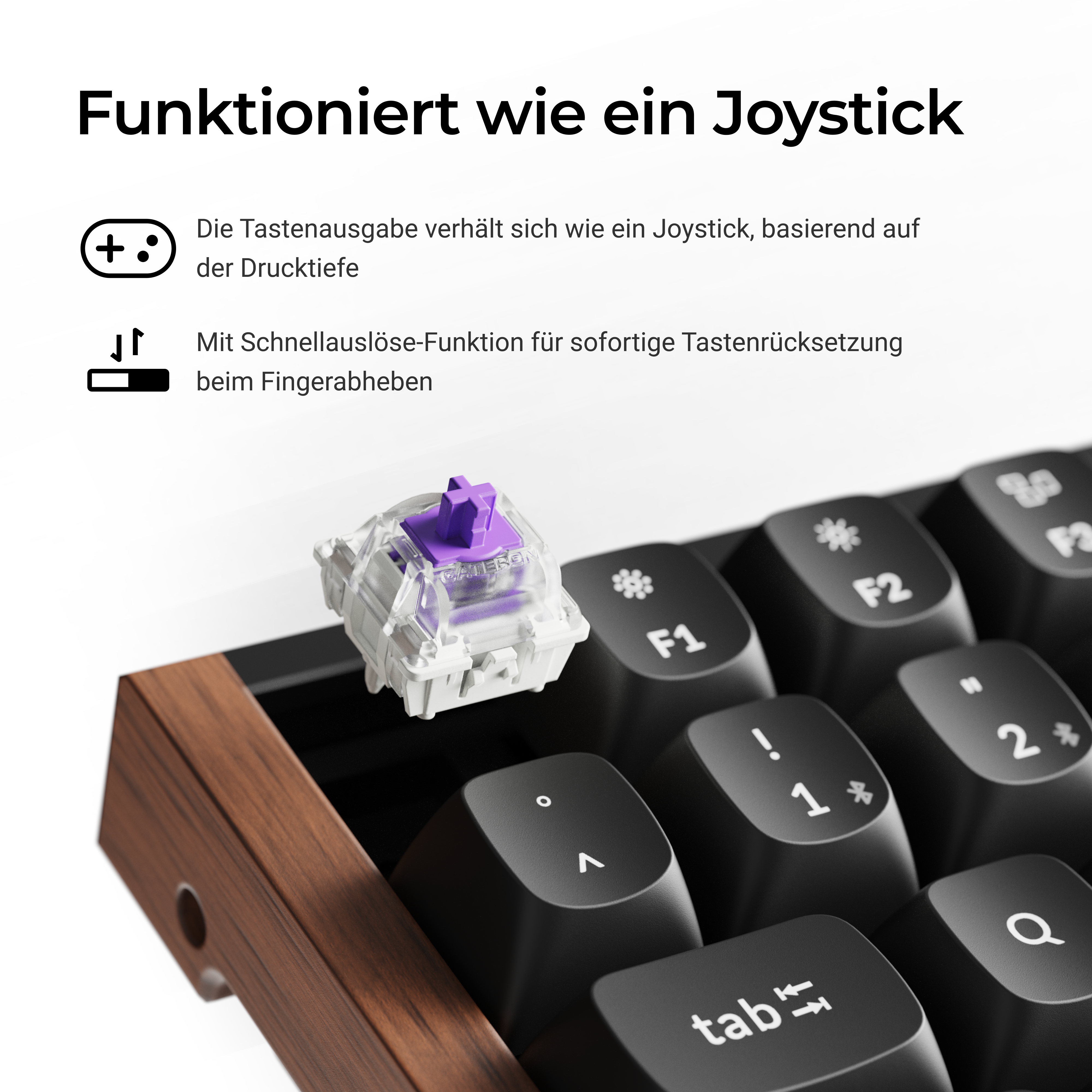 Nahaufnahme einer Tastatur mit lila Schalter. Die Tasten sind schwarz. Der Rahmen ist aus Holz.