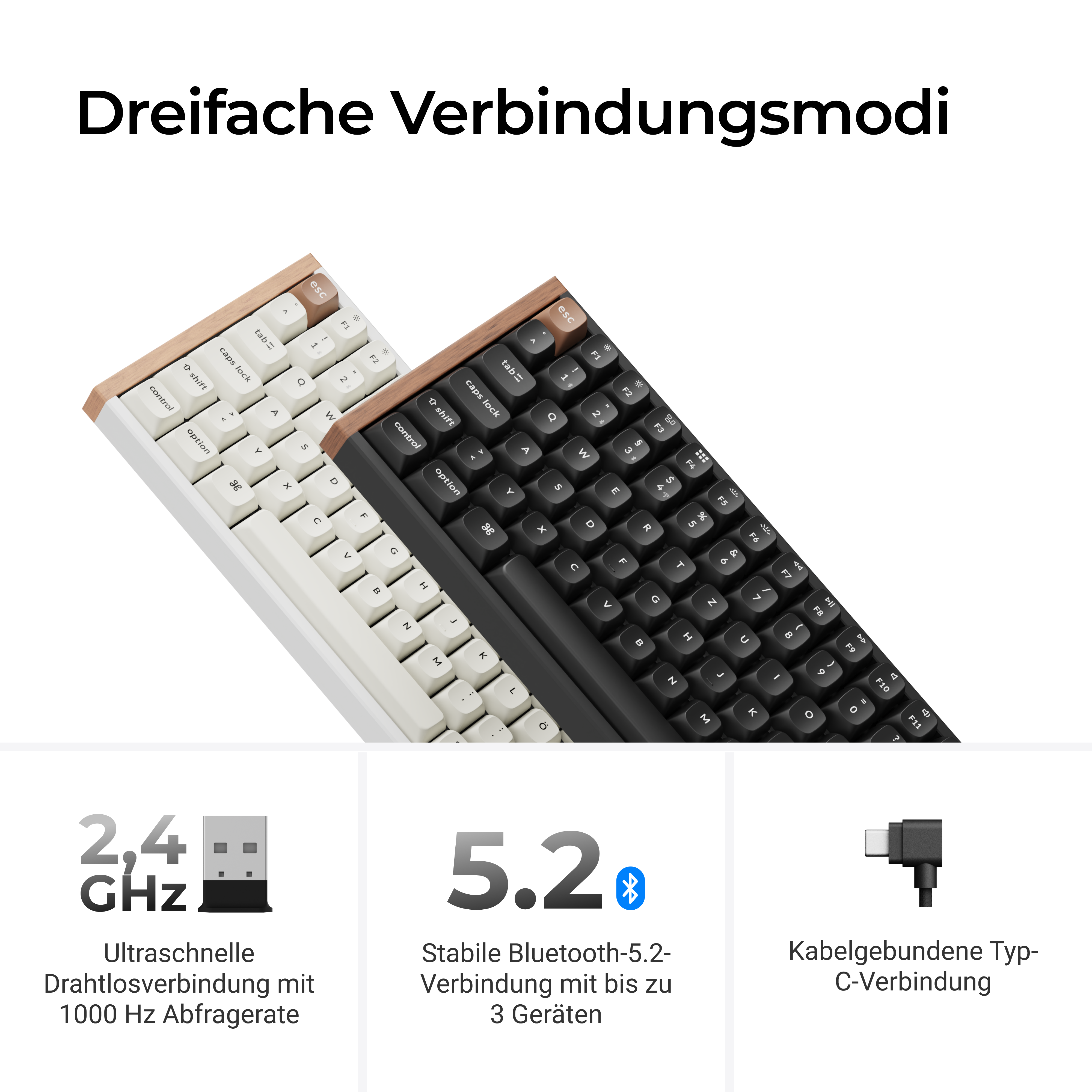 Das Bild zeigt zwei Tastaturen, schwarz und weiß, mit drei Verbindungsmodi: 2,4 GHz, 5,2 Bluetooth und Typ C.
