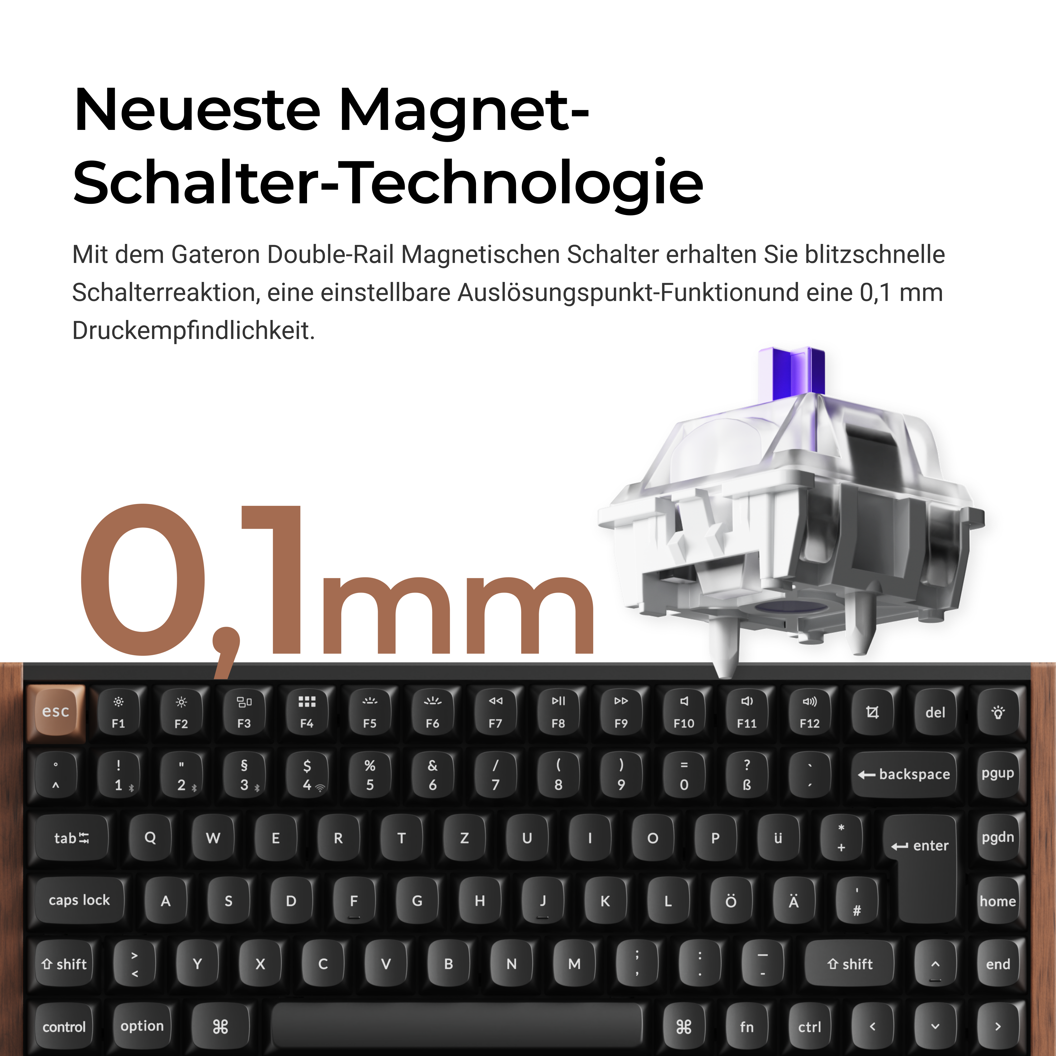 Nahaufnahme einer Tastatur mit braunen Akzenten und einem Schalter. Text enthält '0,1 mm' und deutschen Text.