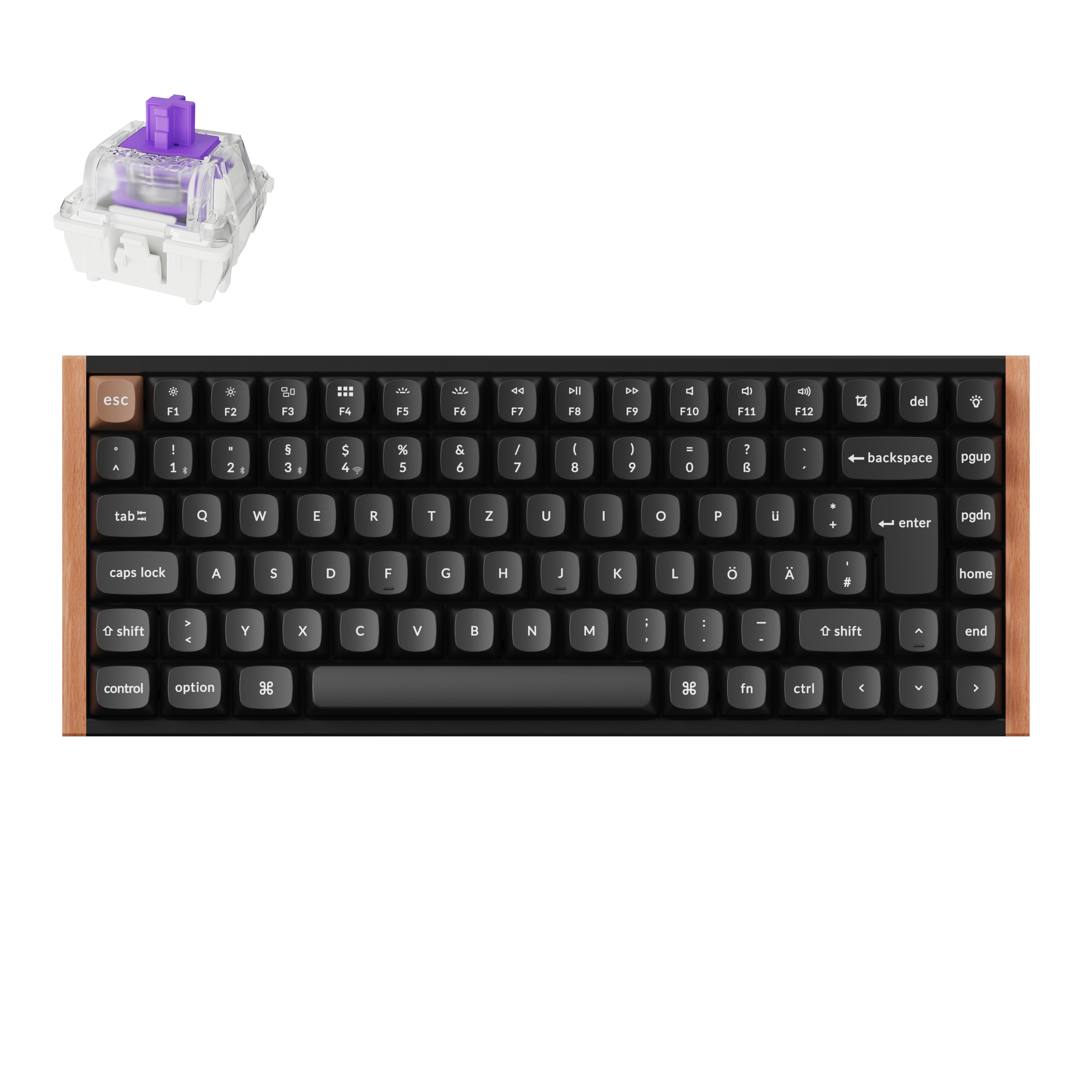 Eine mechanische Tastatur mit schwarzen Tasten, Holzrahmen und einem violetten Schalter in der Ecke.