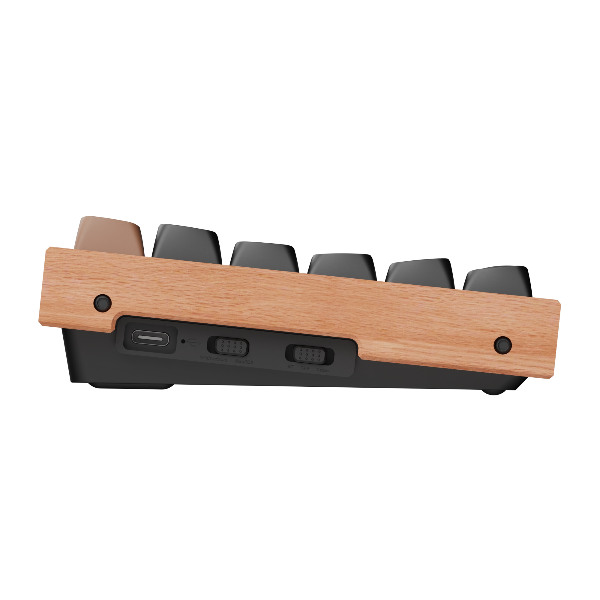 Seitenansicht einer Tastatur. Sie hat Holzverkleidung, schwarze Tasten und mehrere Anschlüsse.