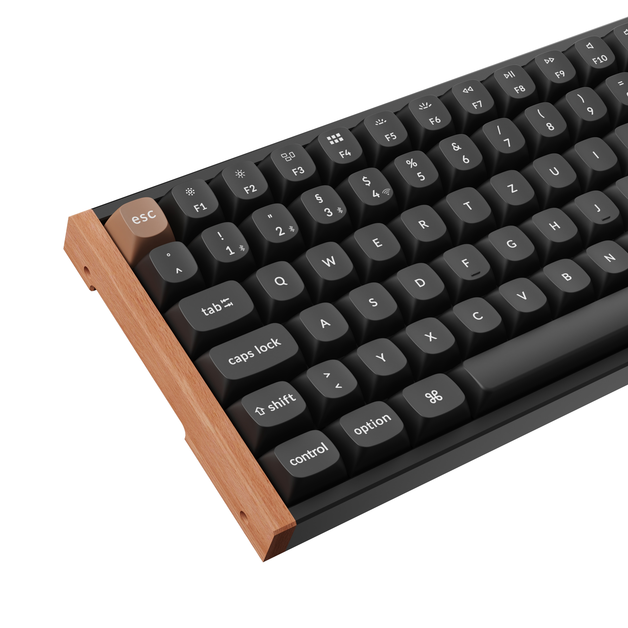 Nahaufnahme einer schwarzen Tastatur mit Holzrahmen. Tasten sind mit Buchstaben, Zahlen und Symbolen beschriftet.