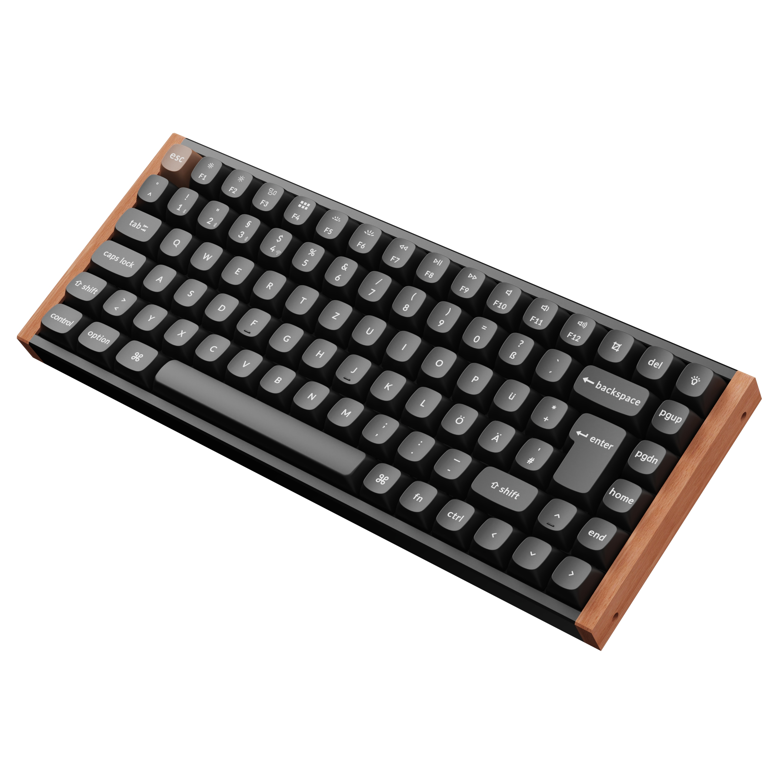 Eine schwarze Tastatur mit hellem Holzrahmen. Tasten sind grau mit weißen Buchstaben. Sie ist angewinkelt.