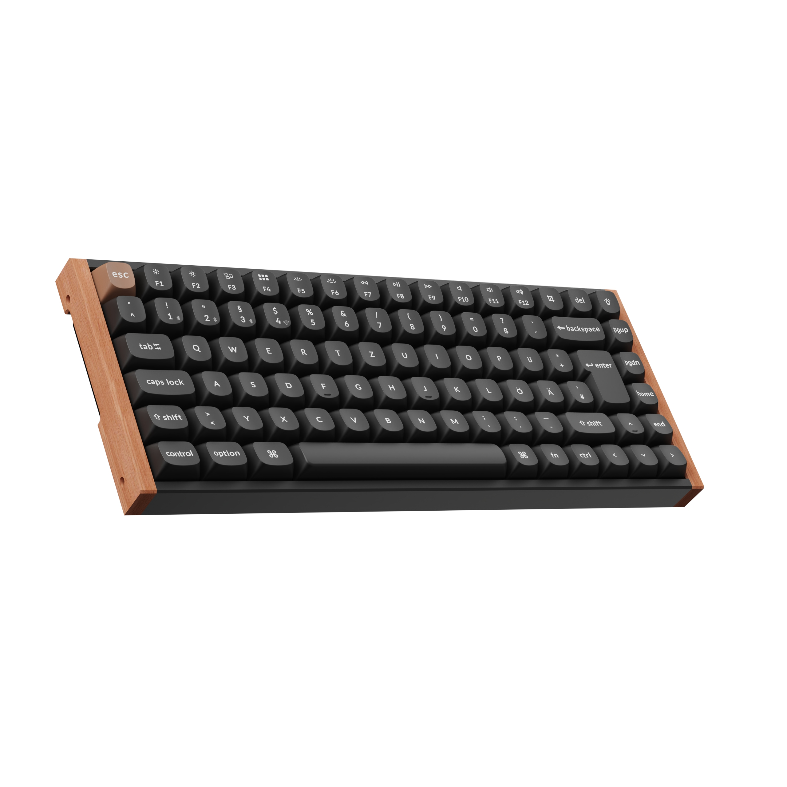 Eine schwarze Tastatur mit braunem Holzrahmen. Die Tasten sind schwarz mit weißen Buchstaben. Isoliert auf weißem Hintergrund.