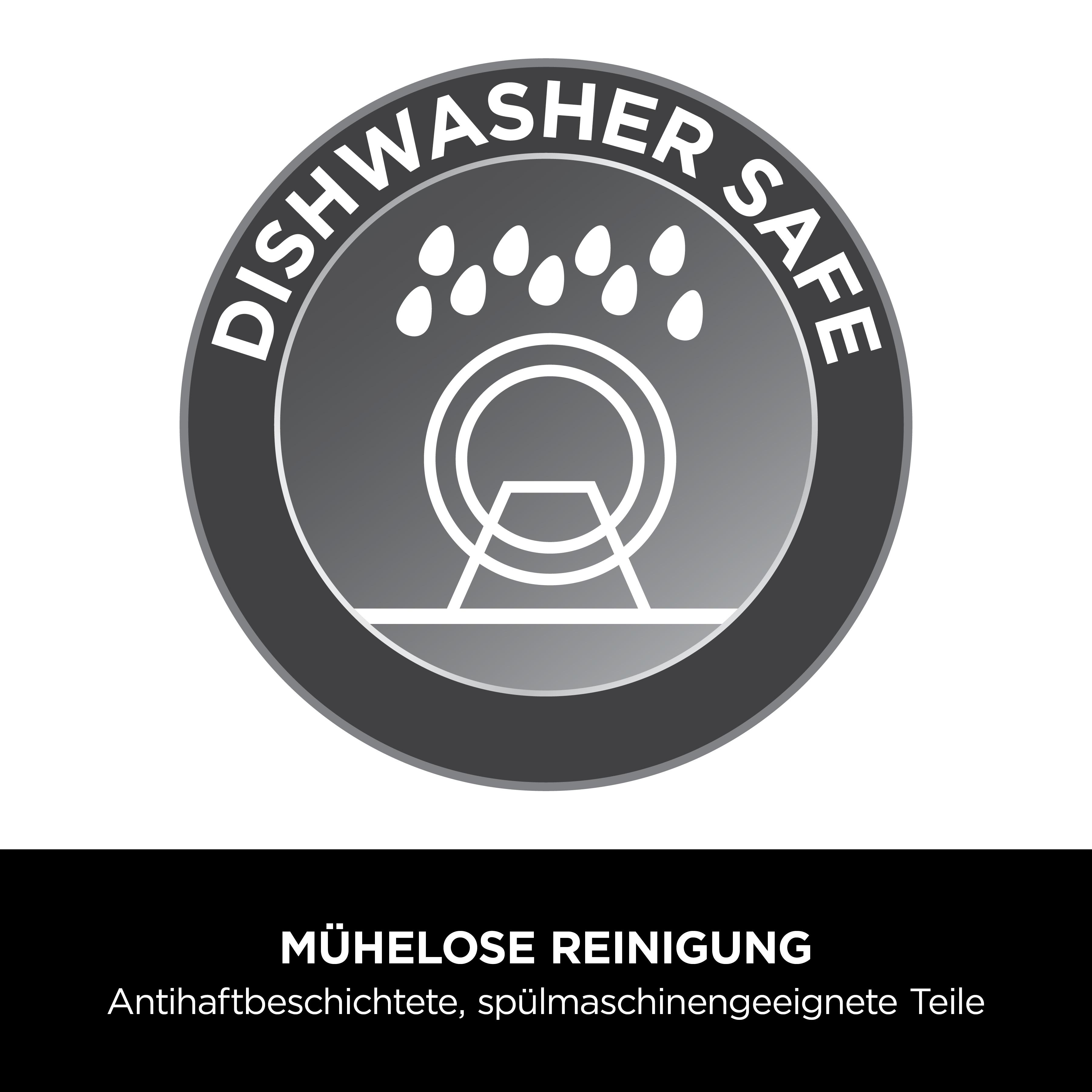 Spülmaschinensicheres Logo. Grauer Kreis mit weißem Text und Symbolen. Text: Spülmaschinensicher. Unten: Mühelose Reinigung.