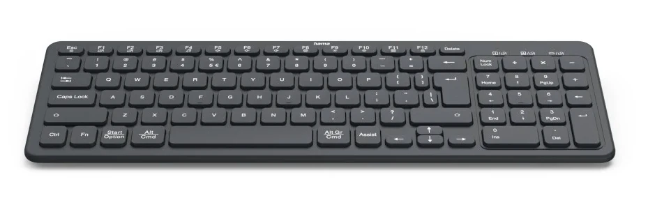 Czarna klawiatura na białym tle. Posiada różne klawisze, takie jak Caps Lock, Ctrl i klawisze funkcyjne.