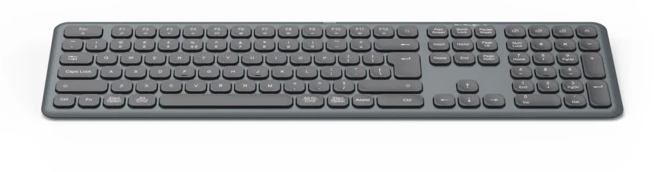 Szara klawiatura z czarnymi klawiszami na białym tle. Klawisze obejmują litery, cyfry i klawisze funkcyjne.