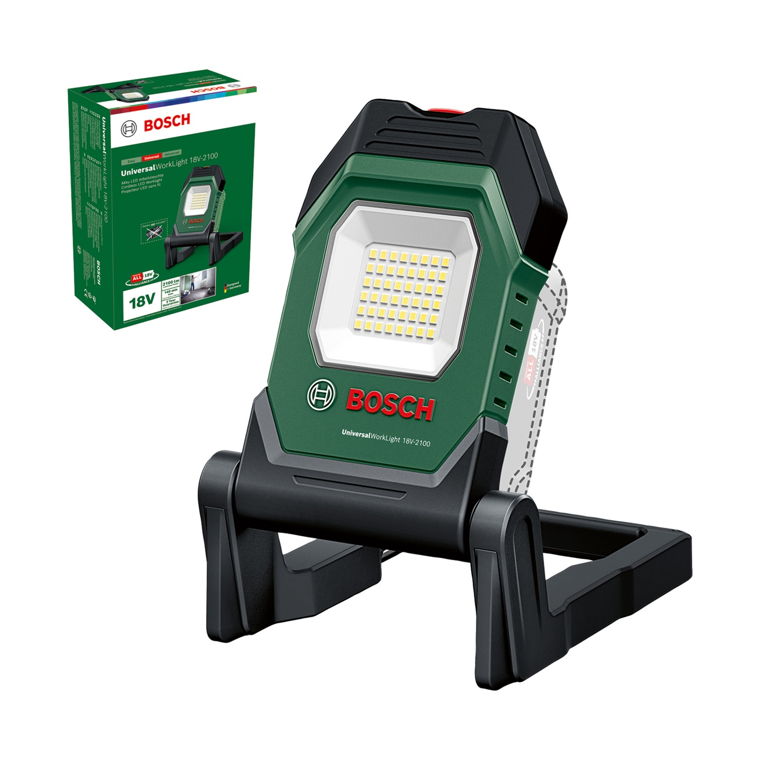 Una Bosch Universal WorkLight 18V-2100. È una lampada da lavoro a LED senza fili verde e nera. Una scatola mostra il prodotto.