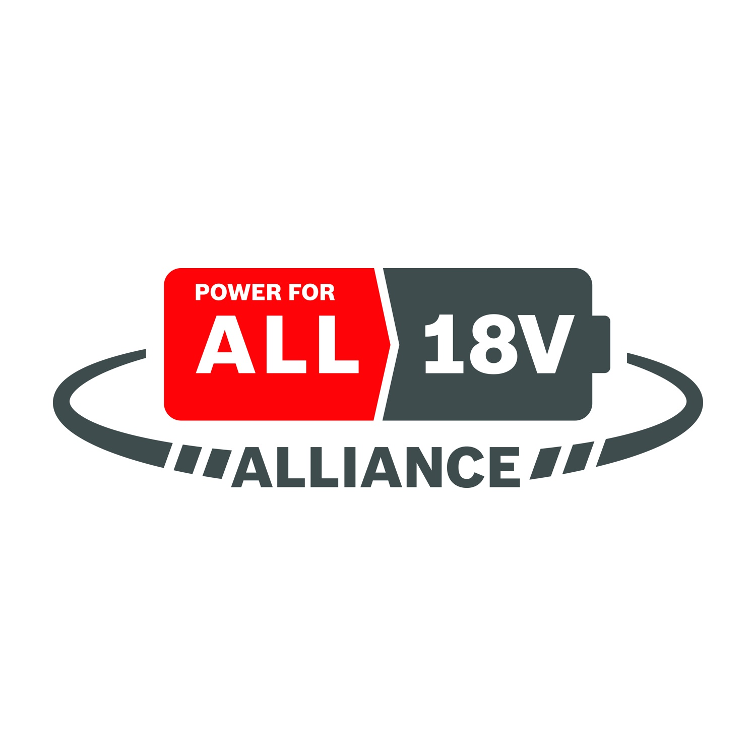 Logo con rettangolo rosso: POWER FOR ALL. Rettangolo grigio: 18V. Sotto ALLIANCE in grigio, con una linea curva attorno al logo.