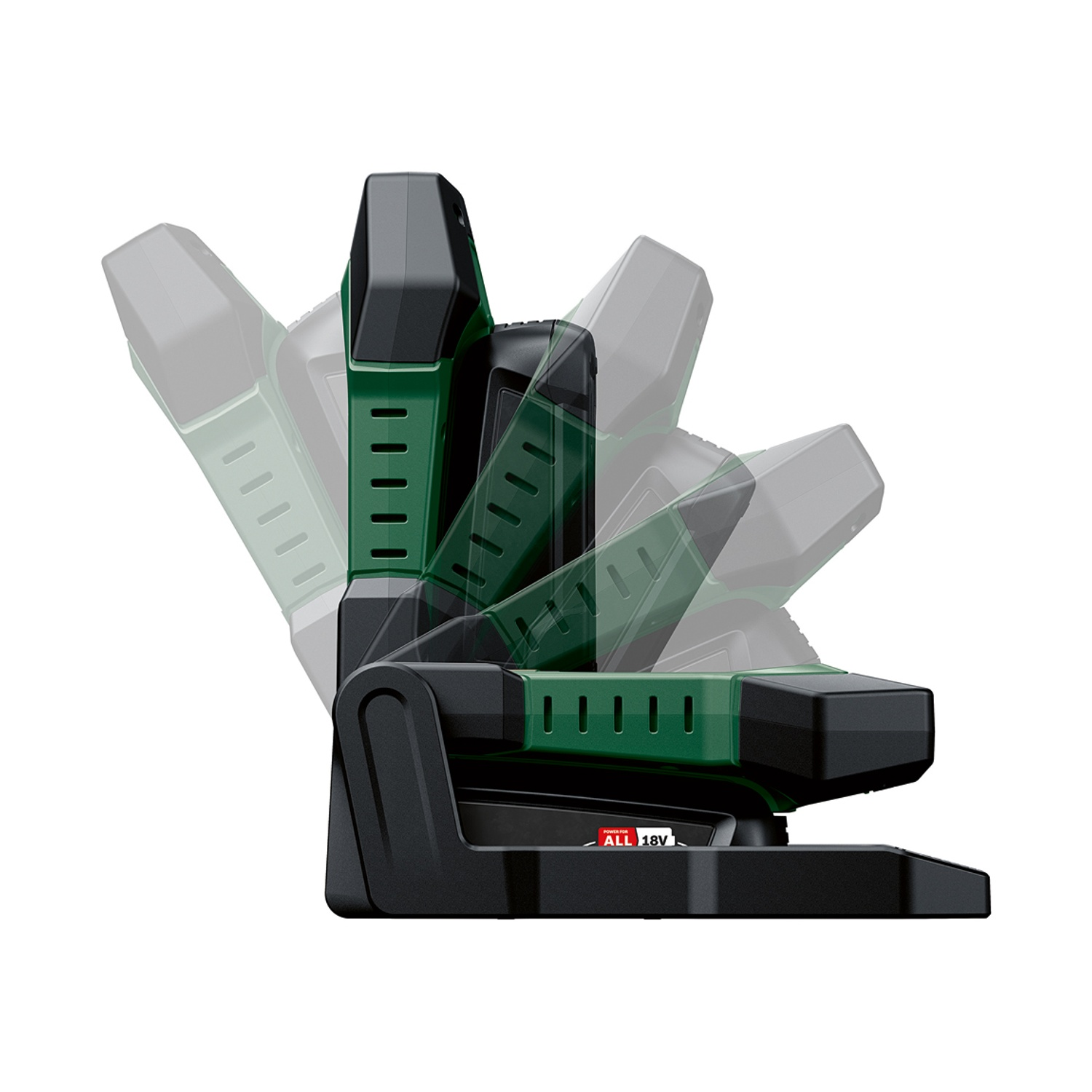 Un elettroutensile nero e verde è visualizzato con un effetto di movimento ripetuto. Ha una base, un corpo verticale e una sezione superiore.