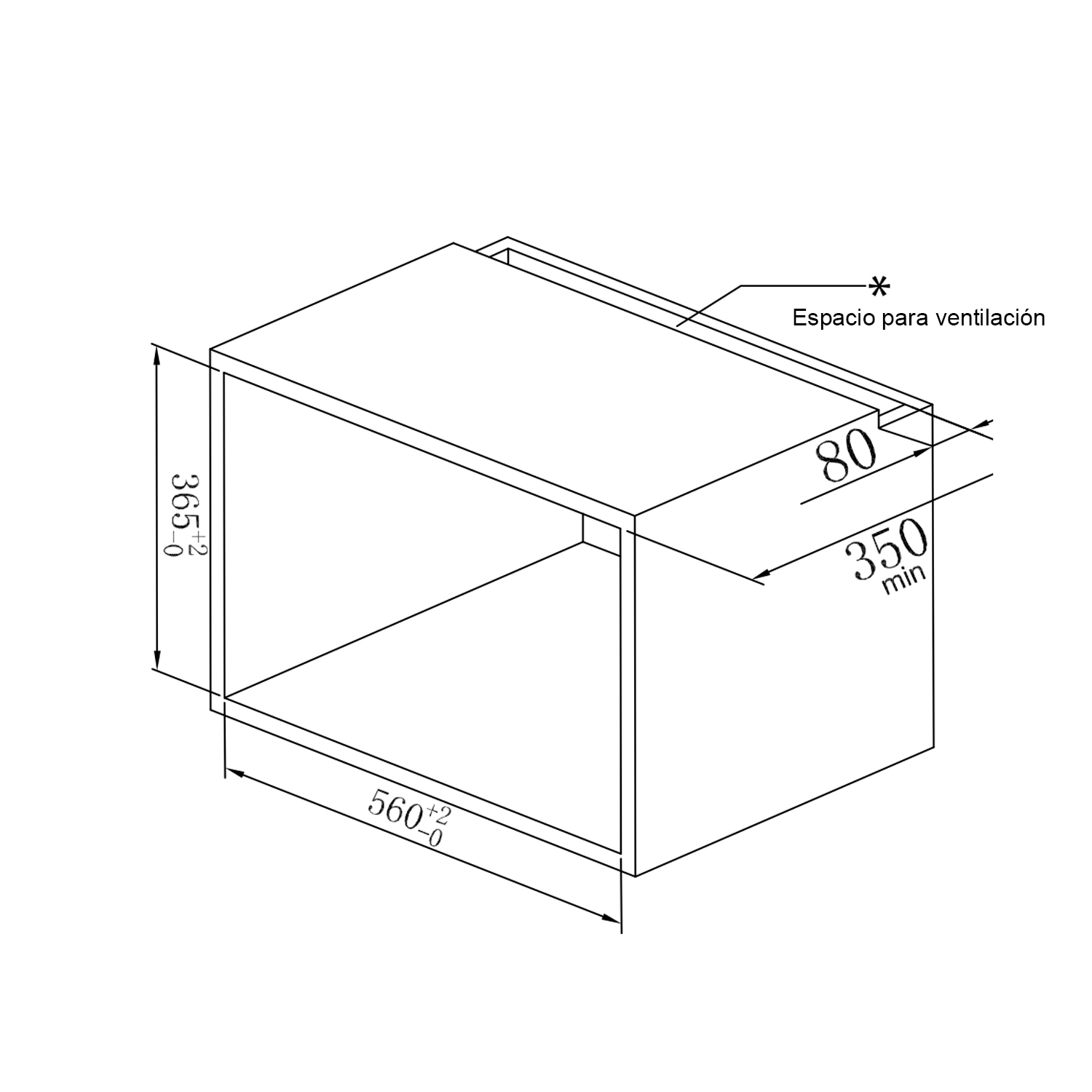 Vista isométrica de estructura rectangular con dimensiones, 365.0, 560+2-0, 80 y 350 min. Etiquetada como 'Espacio para ventilación'.